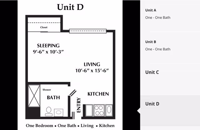 Floor plan of Unit D at Christian Care Center Inc Bentley Personal Care Unit showing a one-bedroom, one-bath layout with labeled areas for sleeping (9 feet 6 inches by 10 feet 3 inches), living (10 feet 6 inches by 15 feet 6 inches), kitchen, bath with shower, and entry. The sleeping area includes a closet.