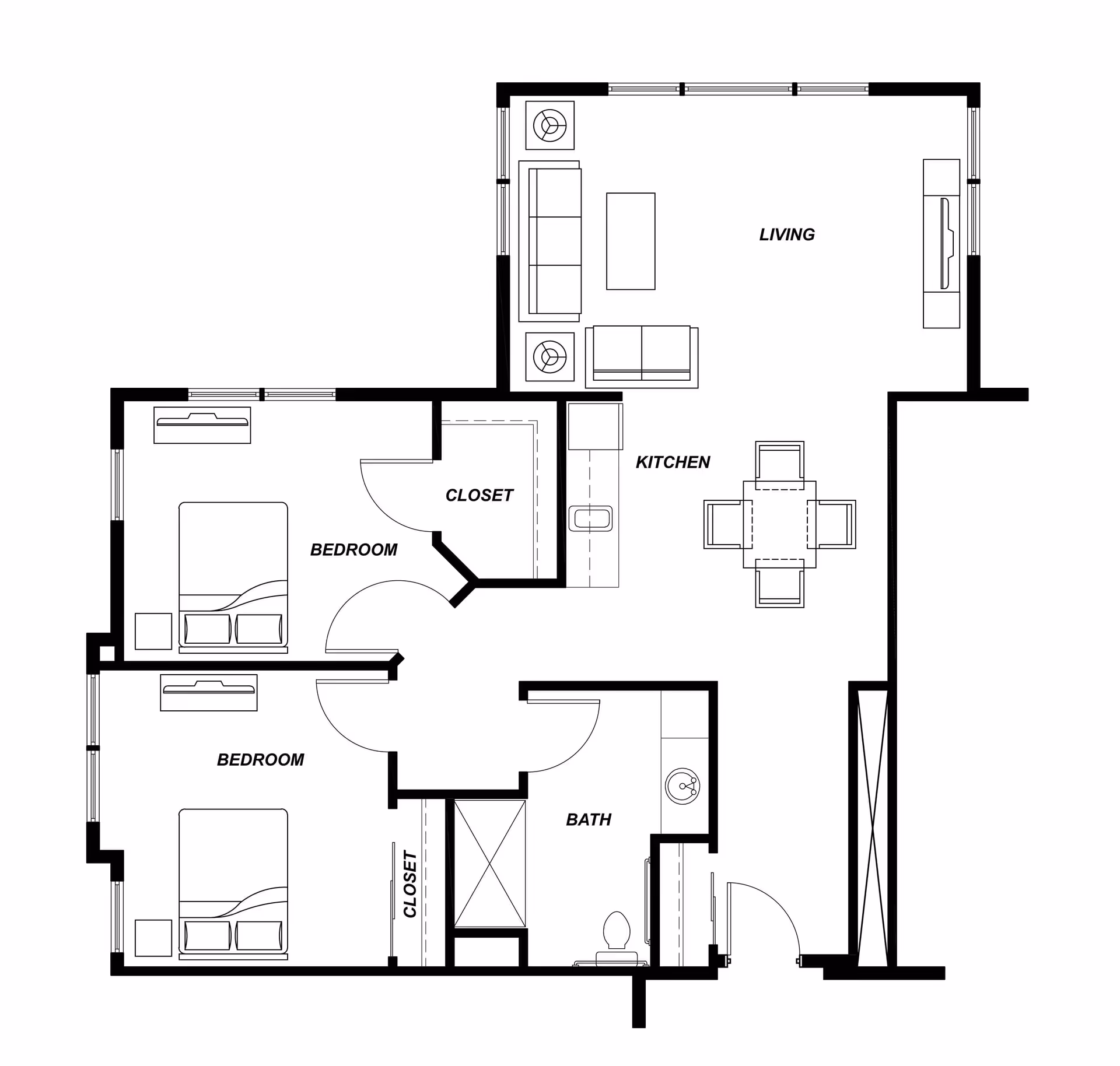 Architectural floor plan of a residential unit featuring two bedrooms, a bathroom, a kitchen with dining area, and a living room. Each bedroom has a bed and closet space. The bathroom includes a toilet, sink, and shower. The living room is furnished with sofas and a TV, and the kitchen has a dining table with four chairs.