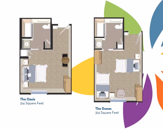 Two studio apartment floor plans labeled "The Oasis" and "The Dunes", each 314 square feet, shown side-by-side with a colorful petal graphic background.