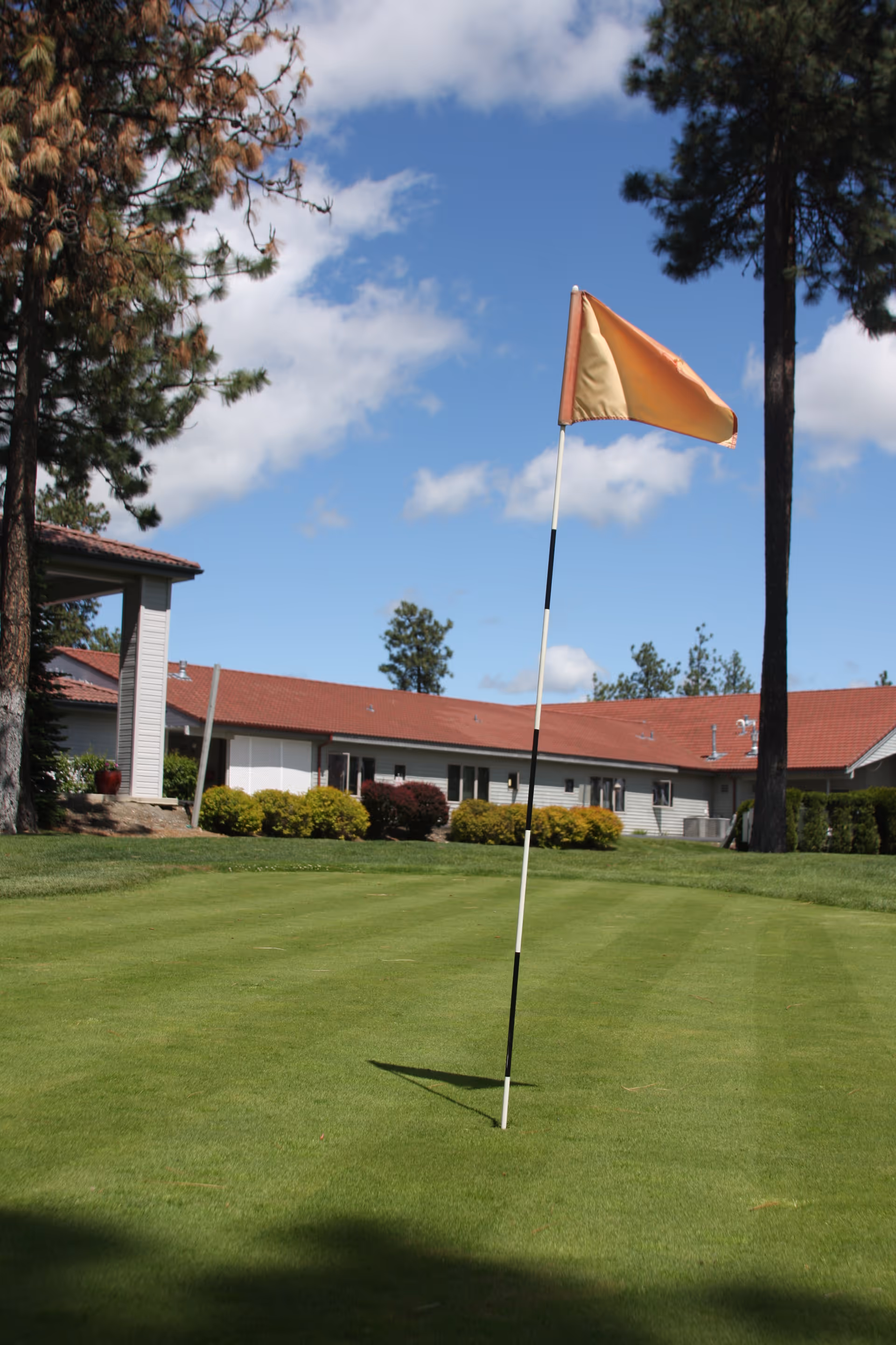 A golf putting green with a flagstick and orange flag in the foreground, surrounded by trees and bushes. In the background, there is a single-story building with a red roof under a partly cloudy blue sky.