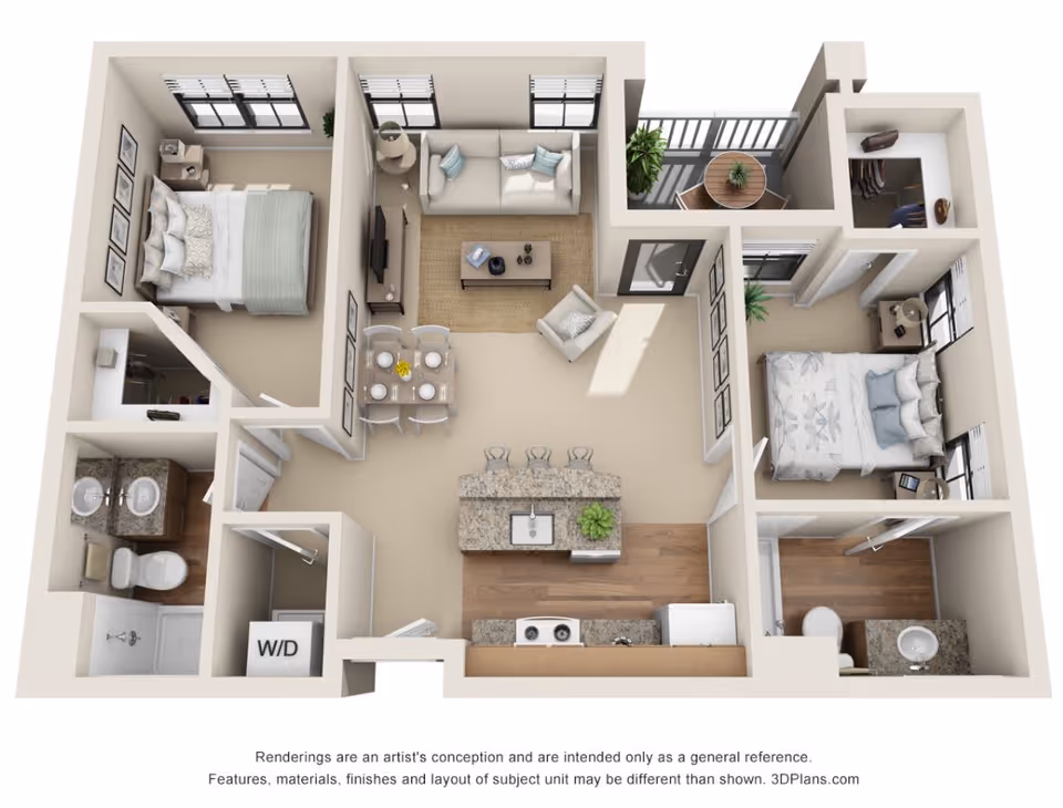 3D floor plan of a two-bedroom apartment featuring a living room with sofa, armchair, coffee table, and TV, a dining area with a table set for four, a kitchen with an island and appliances, two bedrooms each with a bed and nightstands, two bathrooms, a walk-in closet, a washer/dryer area, and a small balcony with a table and two chairs.