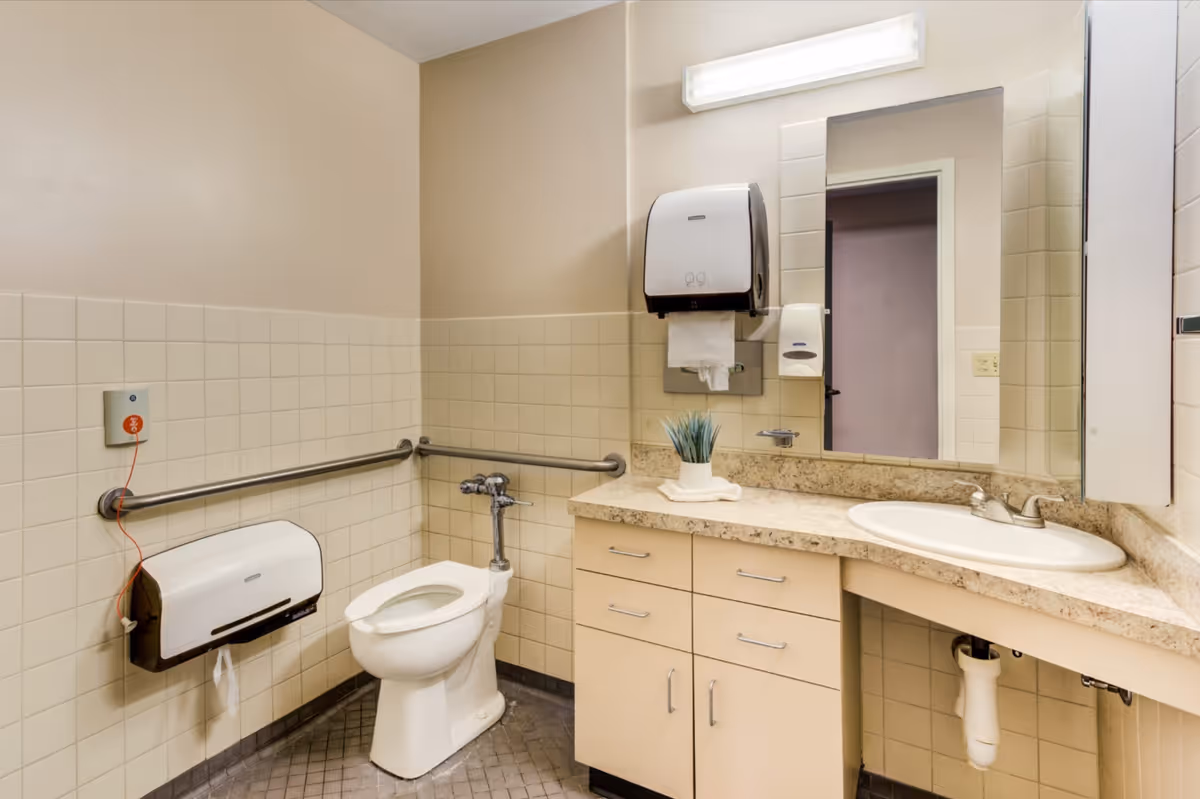A clean and accessible bathroom with beige tiled walls and floor. The bathroom features a white toilet with grab bars on the walls for support, a countertop with a sink, a large mirror above the sink, a paper towel dispenser, and a soap dispenser. A small potted plant is placed on the countertop.