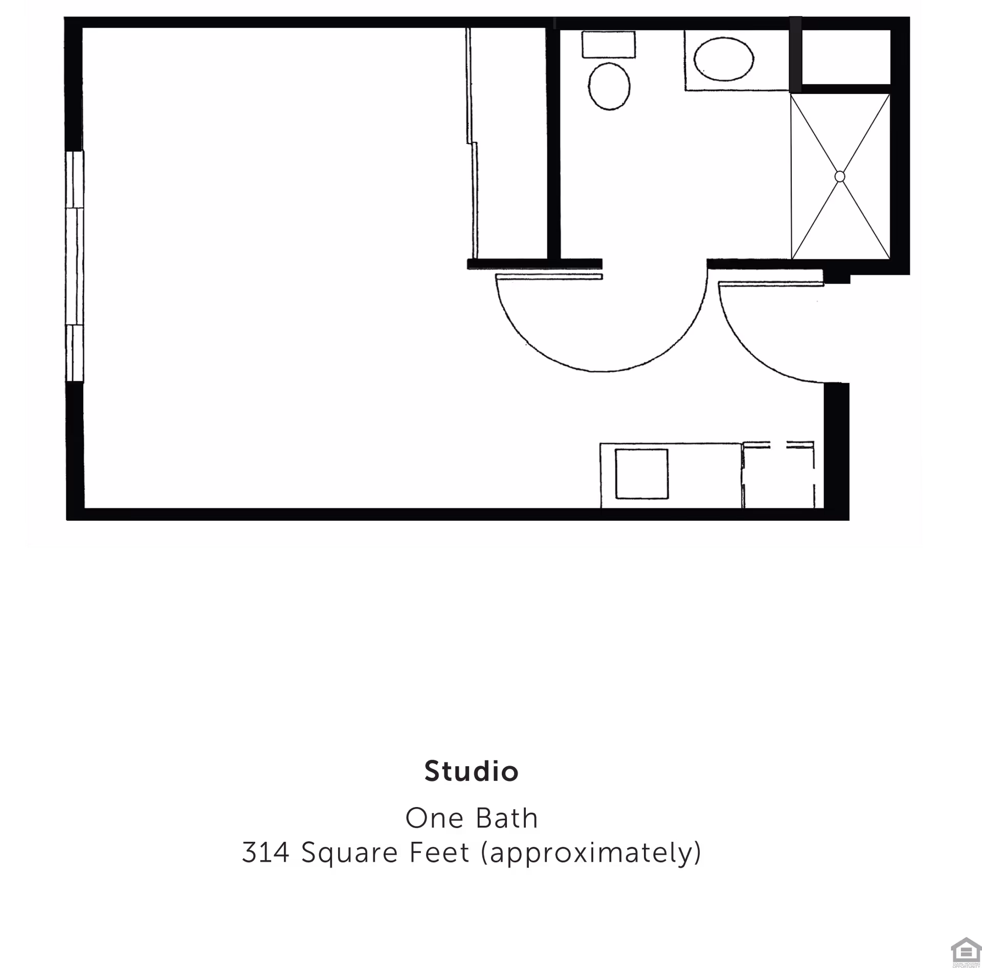 Floor plan of a studio apartment with one bathroom, approximately 314 square feet. The layout includes a main living area, a bathroom with a toilet, sink, and shower, and a small kitchenette area.