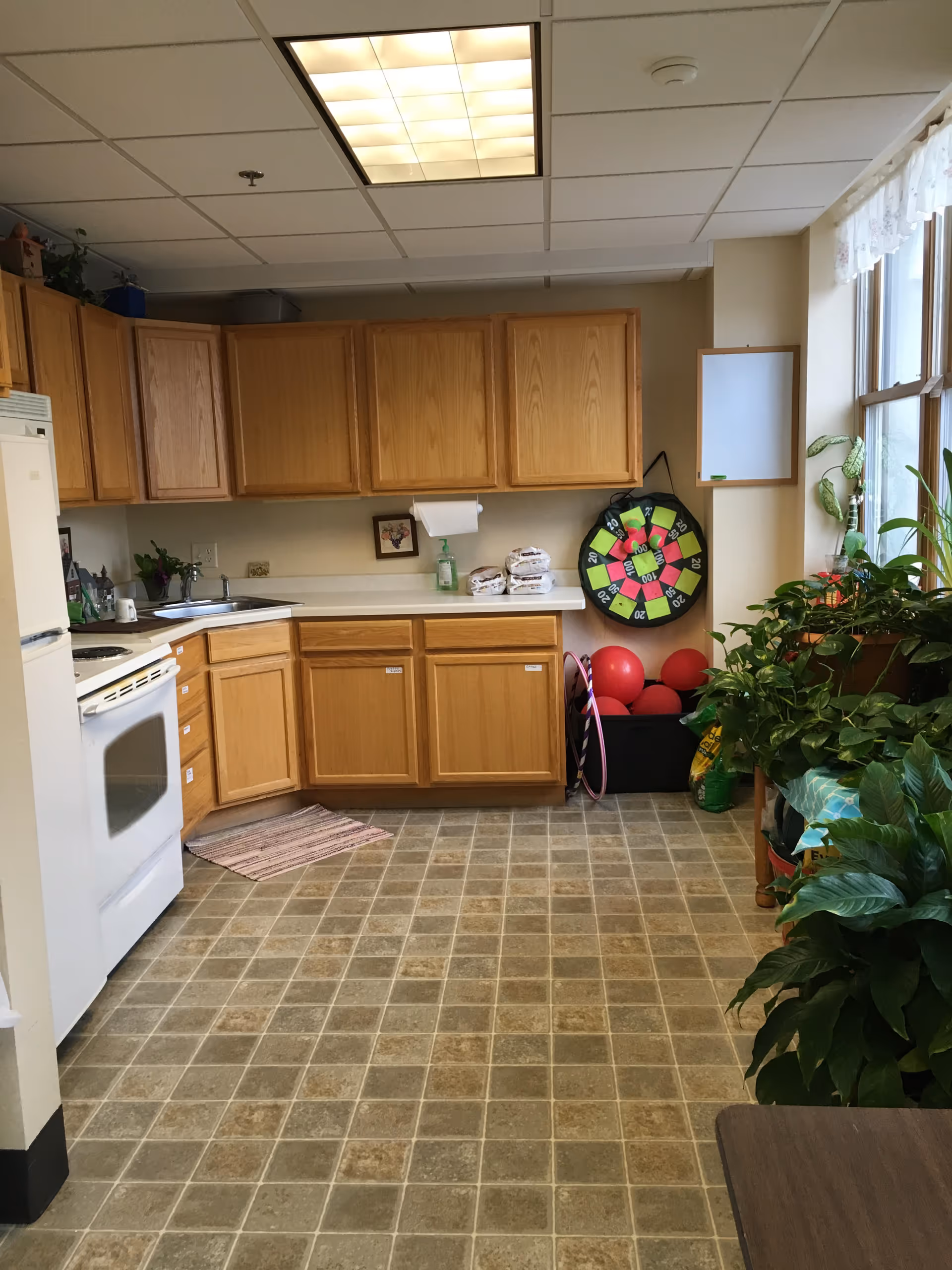 A kitchen area with wooden cabinets, a white stove, and a white refrigerator. There is a countertop with a sink, paper towels, and some items on it. On the right side, there is a dartboard with green and pink sections, several red balls, a hula hoop, and various green plants near a window with white curtains. The floor has a tiled pattern, and the ceiling has fluorescent lighting.