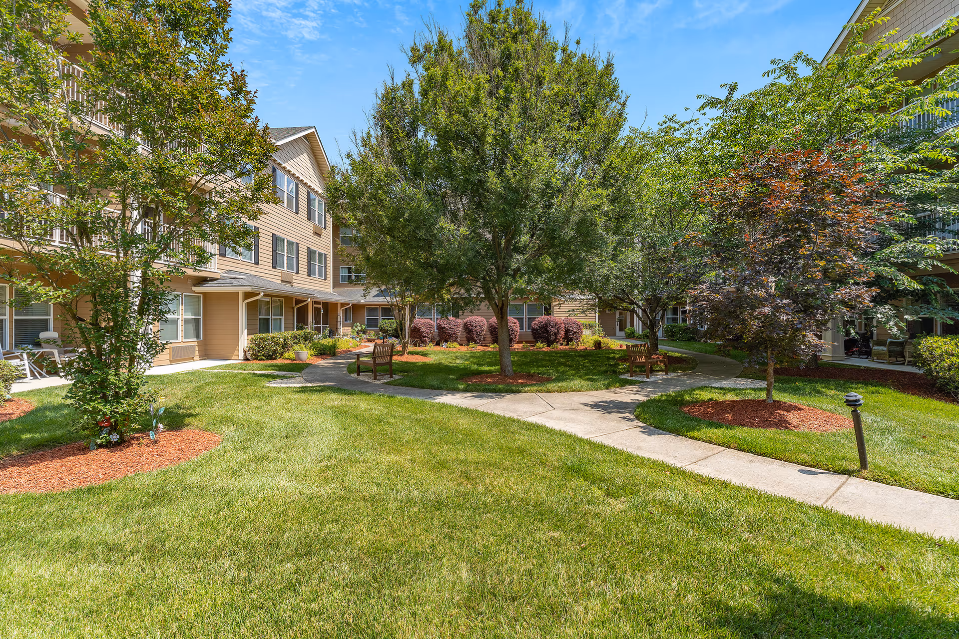A sunny outdoor courtyard area at The Lodge at Wake Forest Gracious Retirement Living featuring a well-maintained lawn, several trees, shrubs, and a curved concrete walkway. There are wooden benches placed along the walkway and a multi-story beige building with balconies and windows surrounding the courtyard.