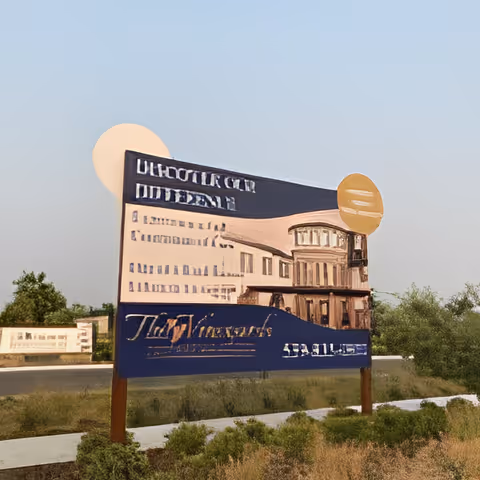 Freestanding outdoor sign featuring an illustrated building and text for The Vineyards, set beside a road with shrubs and trees under a clear sky.
