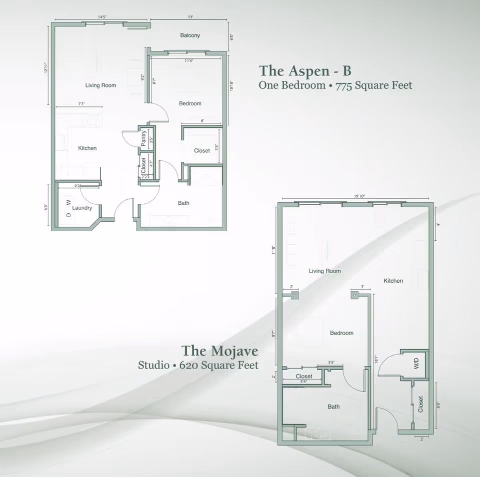 Architectural floor plans for two apartment layouts at Legacy Village of Salt River. The Aspen - B is a one-bedroom unit with 775 square feet, featuring a living room, kitchen, pantry, laundry area, bedroom with closet, bathroom, and balcony. The Mojave is a studio with 620 square feet, including a living room, kitchen, bedroom area, bathroom, closet, and washer/dryer space.