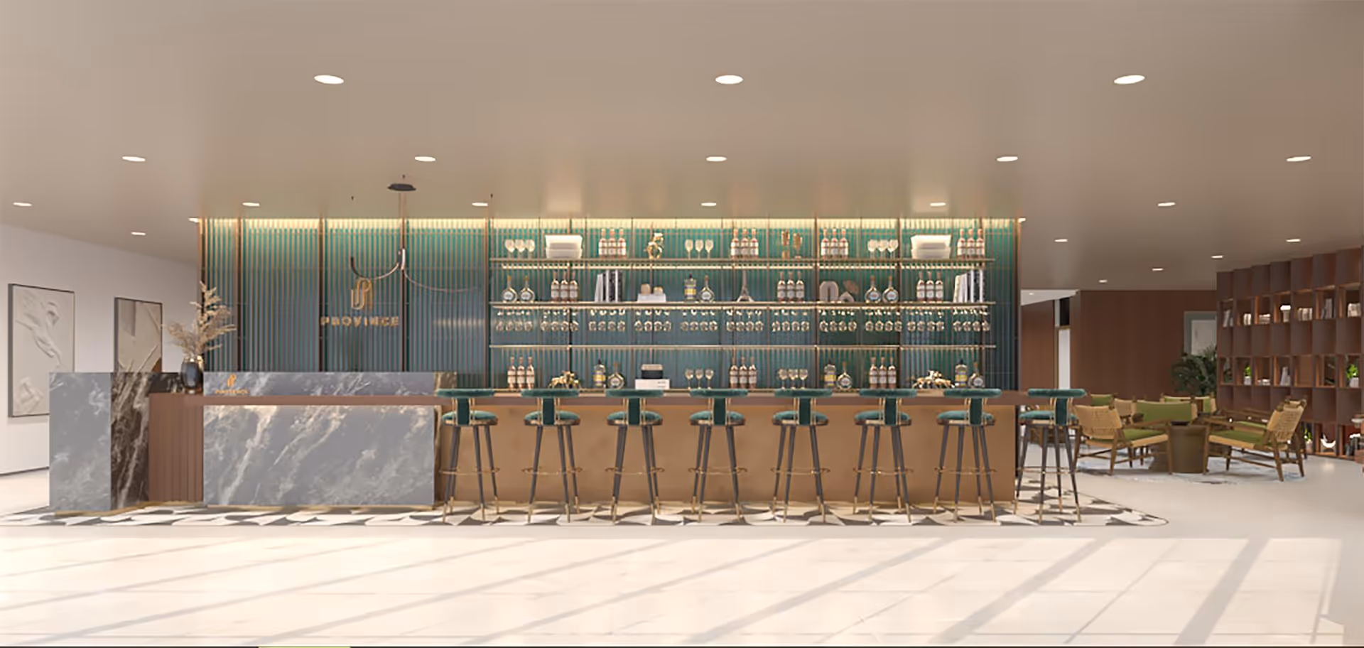 A modern and stylish bar area with a long counter and multiple high stools. Behind the counter, there are shelves filled with bottles, glasses, and decorative items. The wall behind the bar has vertical green panels and a logo that reads 'PROVINCE'. To the right, there is a seating area with green cushioned chairs and wooden tables. The floor is tiled in white, and the ceiling has recessed lighting.