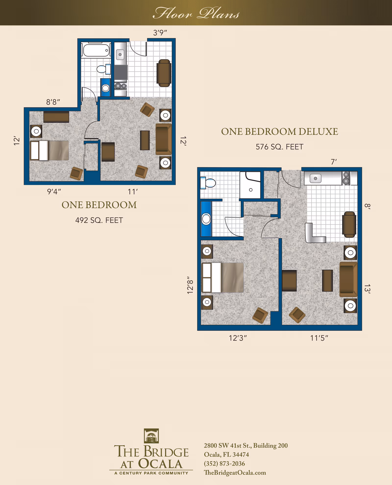 Floor plans for The Bridge at Ocala showing two apartment layouts: One Bedroom with 492 square feet and One Bedroom Deluxe with 576 square feet. Each plan includes a bedroom, bathroom, kitchen, and living area with furniture placement. Dimensions for each room are marked.