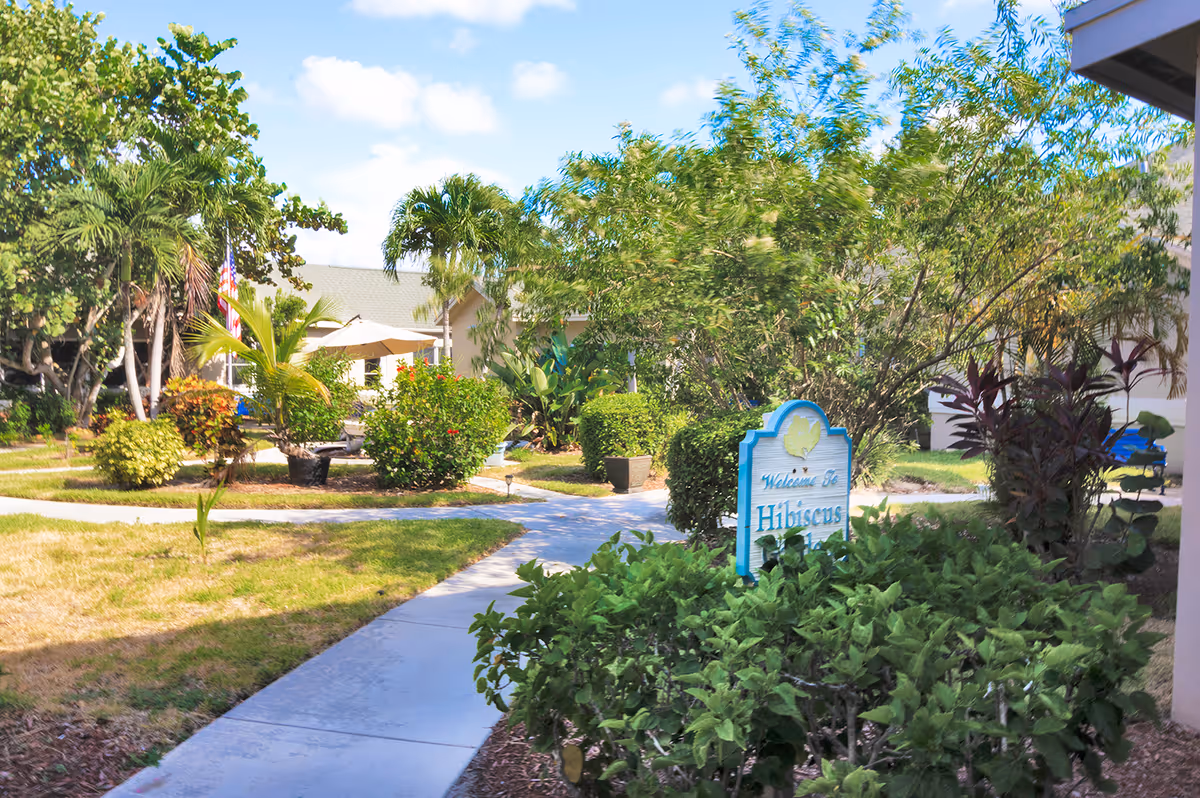 A sunny outdoor garden area with a concrete pathway winding through green bushes and trees. There is a sign that reads 'Welcome to Hibiscus' surrounded by lush plants. In the background, there are buildings and an umbrella-covered seating area.