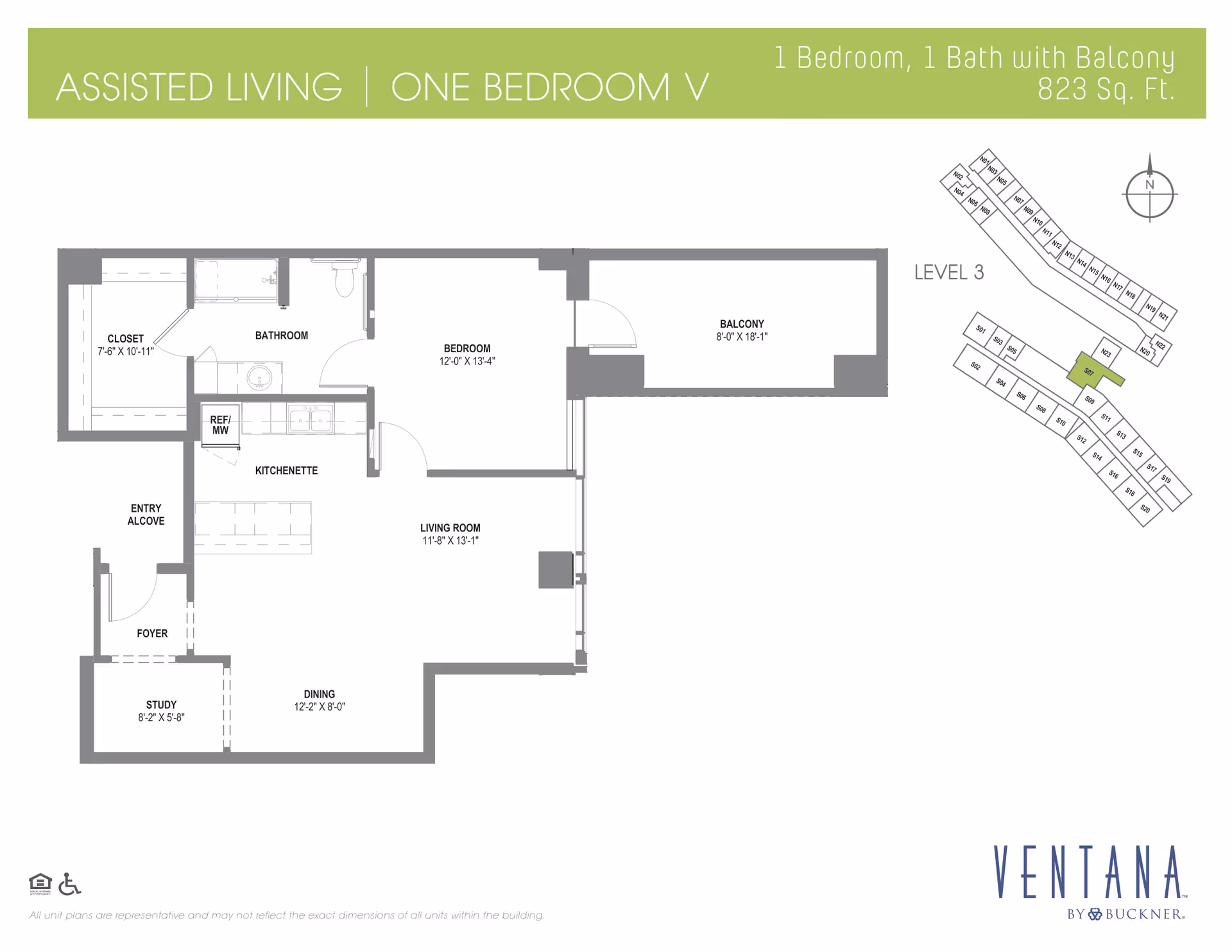Floor plan of an assisted living one-bedroom apartment with one bathroom and a balcony, totaling 823 square feet. The layout includes a bedroom, bathroom, closet, kitchenette with refrigerator and microwave, living room, dining area, study, foyer, and entry alcove. A small map shows the apartment location on level 3. The image is branded with Ventana by Buckner.