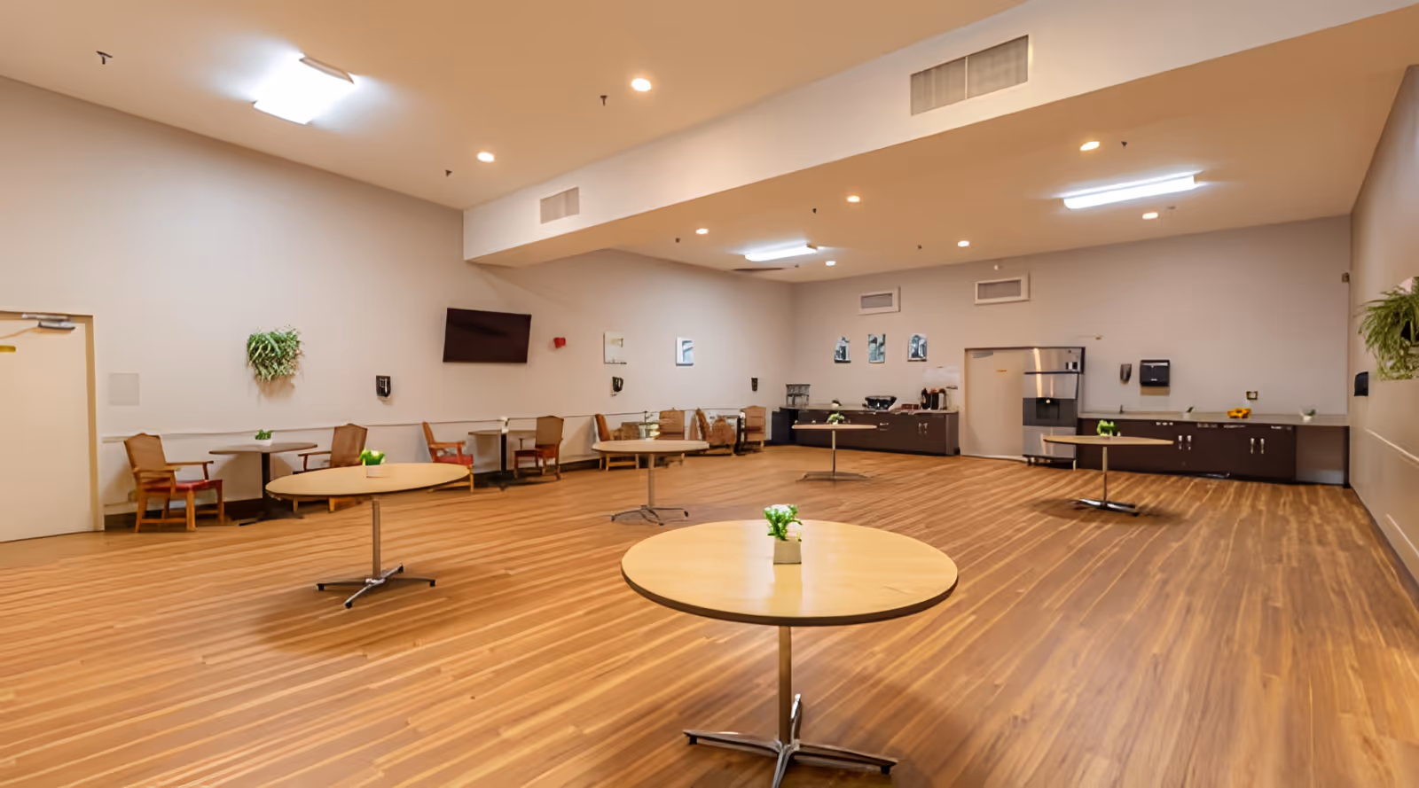 A spacious dining area with wooden floors, round tables with small green plants on them, chairs along the walls, a wall-mounted TV, and a counter with a refrigerator and coffee machine in the background.