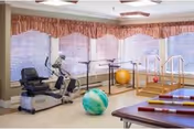Therapy/exercise room with a recumbent bike, treatment tables, parallel bars, and exercise balls in front of large windows.