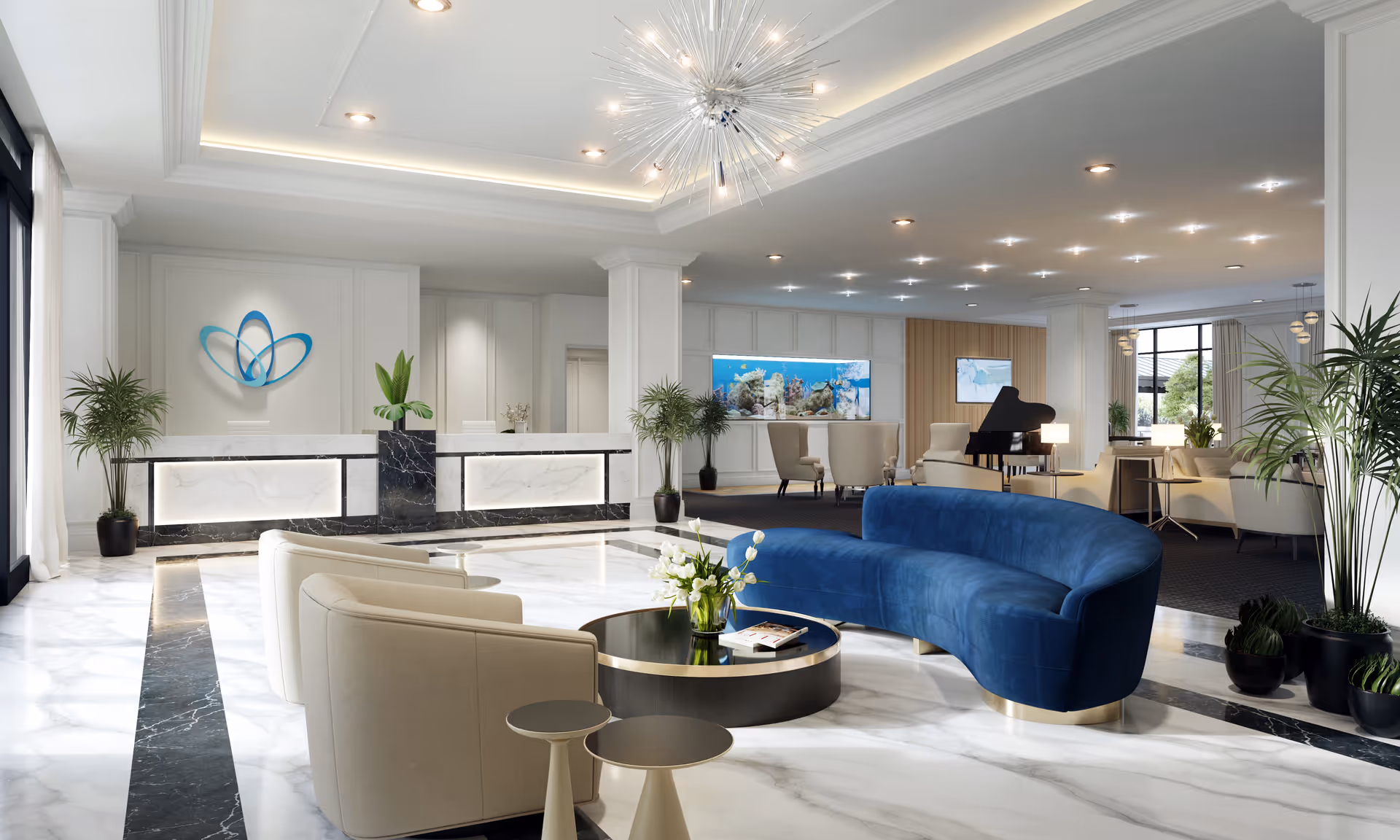 Bright modern reception lobby with marble floors, a blue curved sofa, beige seating, a reception desk and a grand piano.