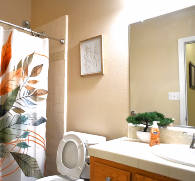Bathroom with a white toilet, a shower curtain featuring a colorful leaf pattern, a wooden vanity with a white tiled countertop, a small green plant, a soap dispenser, and a wall-mounted framed artwork. A large mirror reflects part of the room and a doorway.