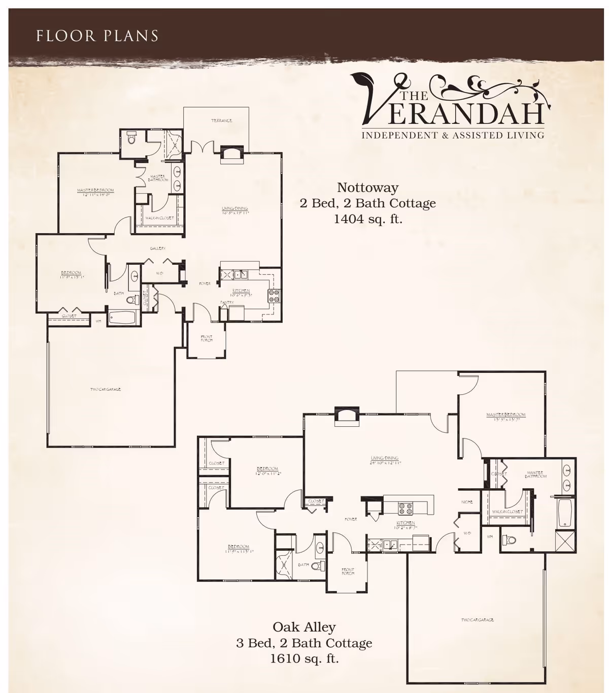 Floor plans for The Verandah Retirement Community showing two cottage layouts: Nottoway with 2 bedrooms and 2 bathrooms covering 1404 sq. ft., and Oak Alley with 3 bedrooms and 2 bathrooms covering 1610 sq. ft. Each plan includes labeled rooms such as bedrooms, bathrooms, kitchen, living/dining areas, closets, and garages.