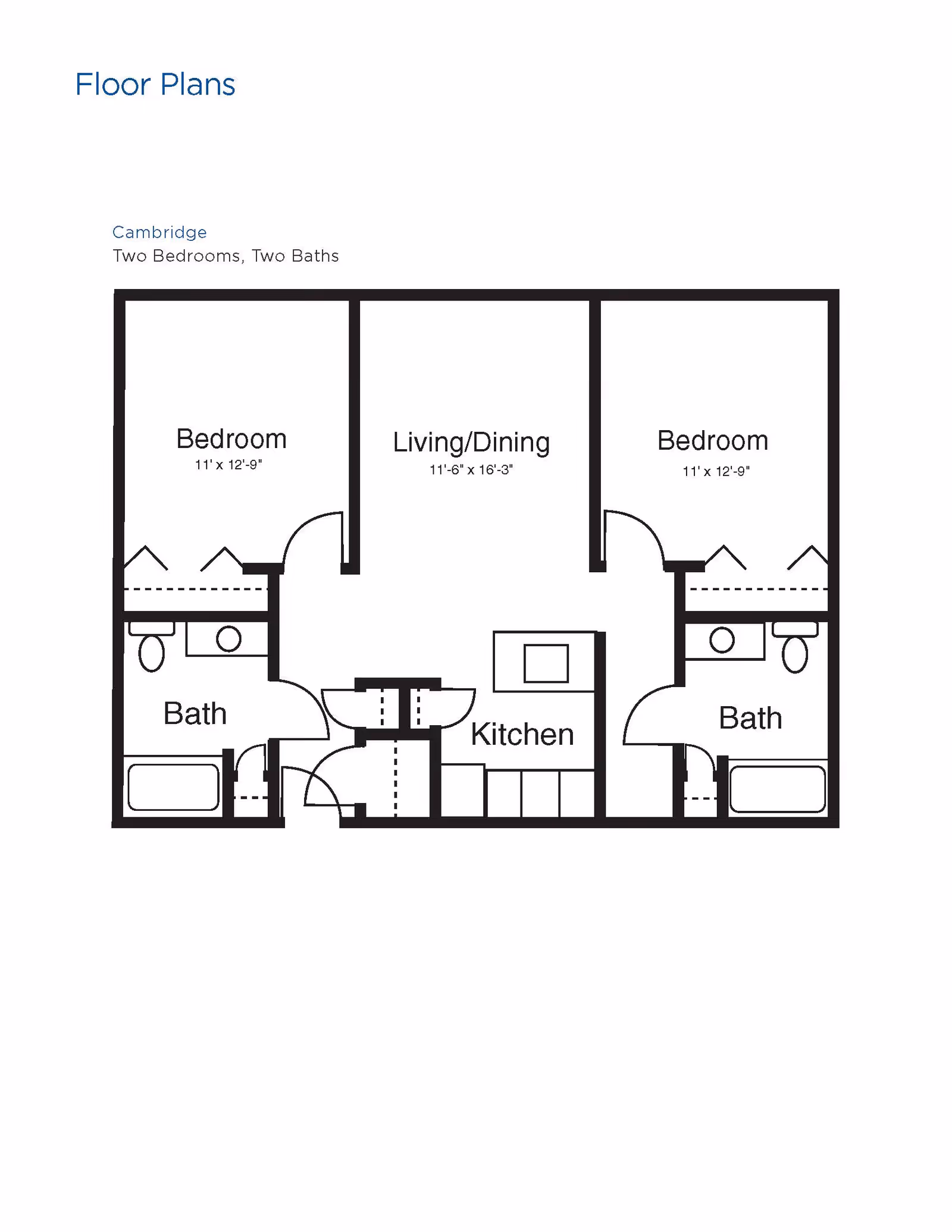 Floor plan labeled Cambridge showing two bedrooms, two baths, a living/dining area, and a kitchen. Each bedroom measures 11 feet by 12 feet 9 inches, the living/dining area measures 11 feet 6 inches by 16 feet 3 inches. The layout includes two bathrooms adjacent to each bedroom and a centrally located kitchen.