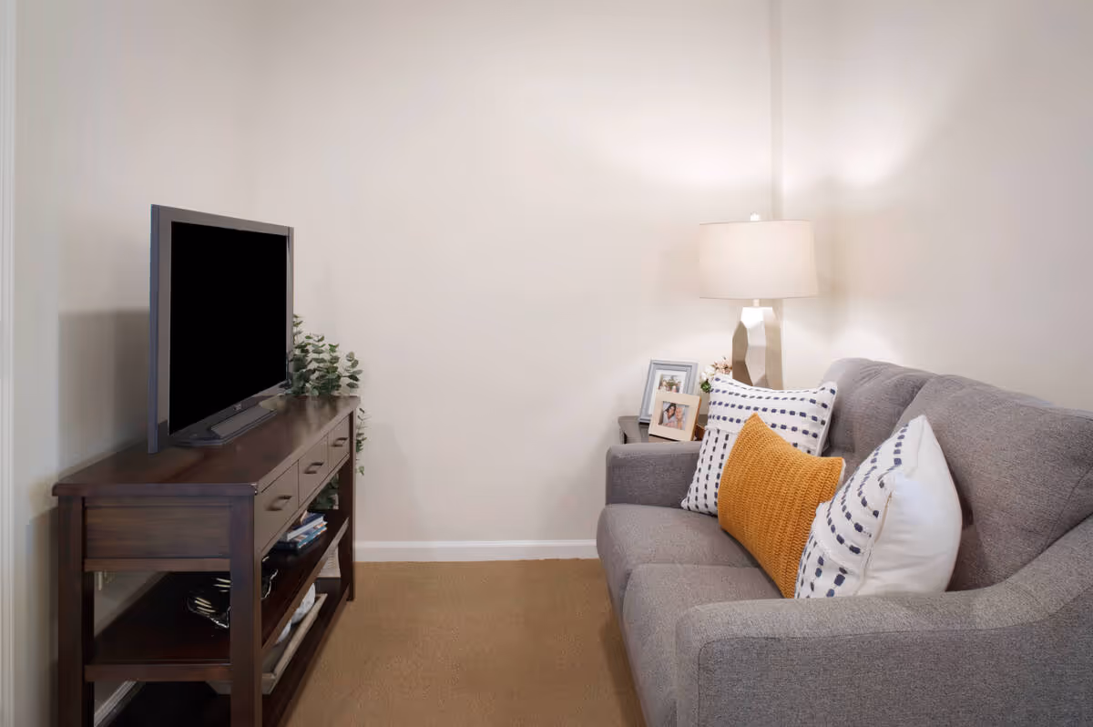 Small living room with a gray sofa and decorative pillows facing a TV on a wooden console and a lit table lamp.