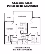 Floor plan layout of Chaparral Winds two bedroom, two bath apartments featuring a living room, kitchen, laundry area, two bedrooms each with a closet, two bathrooms, an entry area, and a patio.
