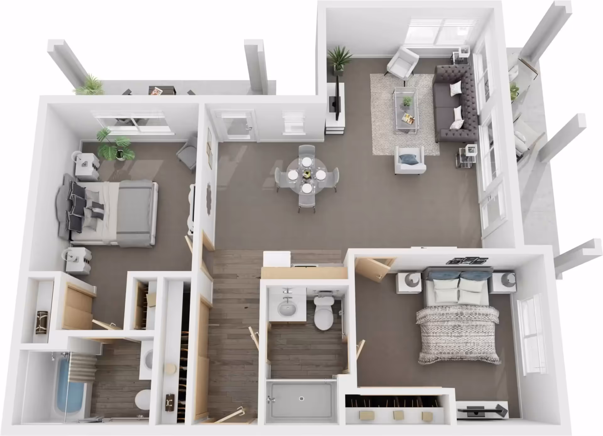 3D floor plan of an apartment at Rittenhouse Village Gahanna showing two bedrooms, a living room with sofa and chairs, a dining area with a round table and four chairs, a kitchen area, and two bathrooms. The layout includes windows, doors, and some indoor plants.