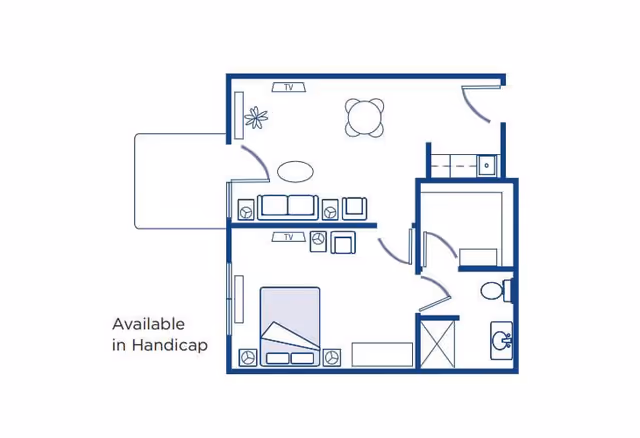 Floor plan layout of a residential unit showing a living room with seating and TV, a bedroom with a bed and TV, a bathroom with a toilet and sink, and a small kitchen area. The plan indicates the unit is available in a handicap accessible version.