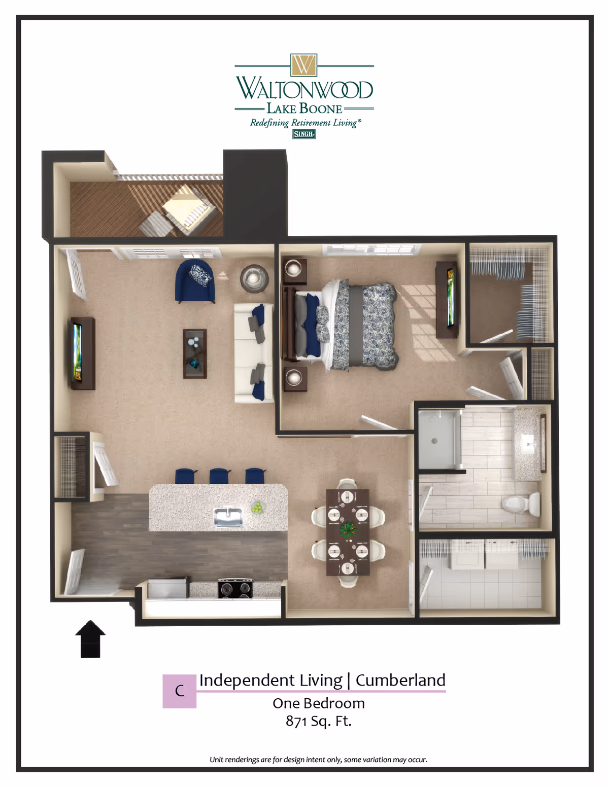 Floor plan of a one-bedroom independent living apartment at Waltonwood Lake Boone named Cumberland. The layout includes a bedroom with a bed and TV, a living room with sofa, chair, coffee table, and TV, a kitchen with an island and three bar stools, a dining area with a table set for six, a bathroom with a shower, toilet, and sink, a laundry area with washer and dryer, and a balcony with outdoor seating.
