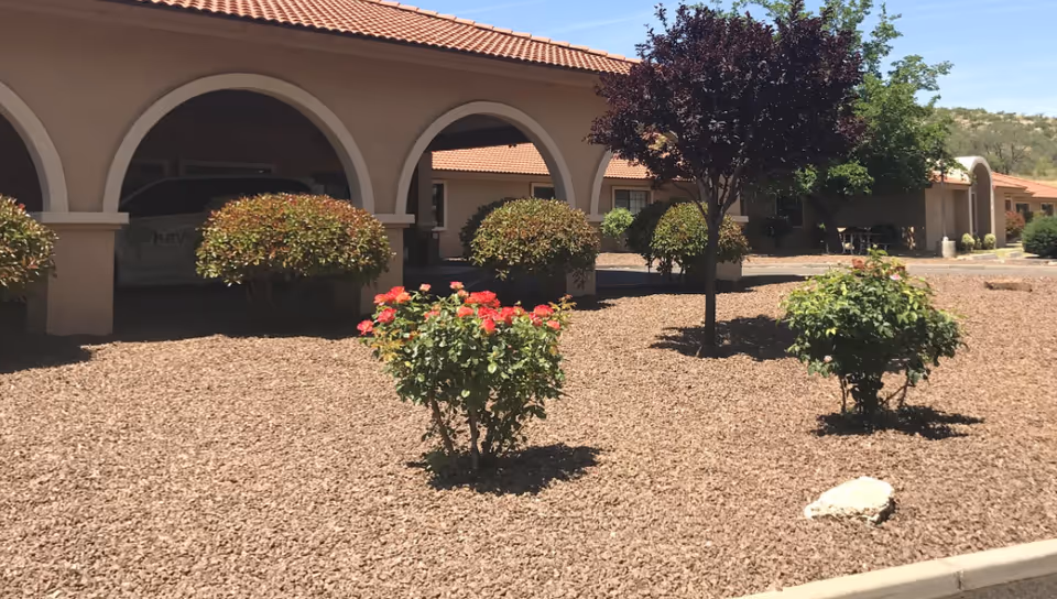 Outdoor view of Haven of Camp Verde facility showing a landscaped area with small bushes and a tree, surrounded by a building with arched walkways and a red-tiled roof under a clear sky.