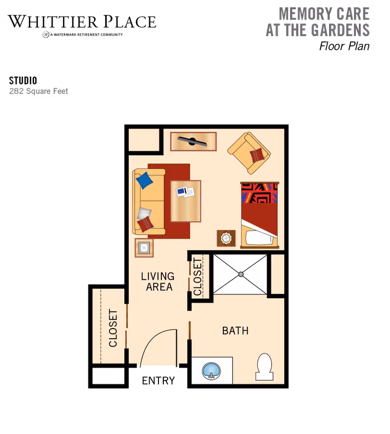 Top-down colored floor plan of a small studio showing a living area with sofa and table, a bed, closets, and a bathroom.