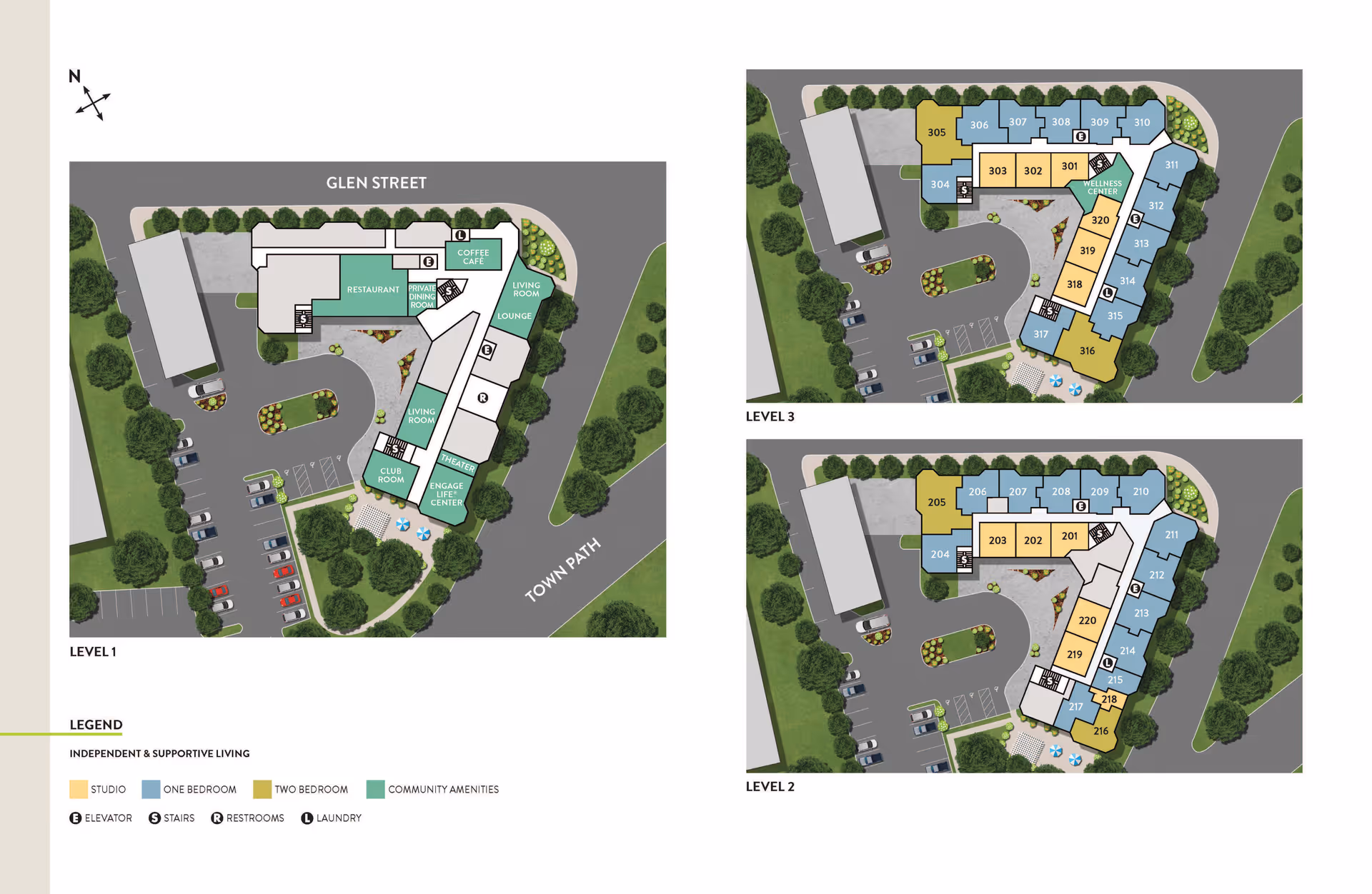 Floor plans of Atria Glen Cove senior living facility showing three levels with labeled rooms including studios, one-bedroom, two-bedroom apartments, and community amenities such as restaurant, coffee cafe, living rooms, club room, wellness center, and engage life center. The layout includes parking areas, pathways, and surrounding greenery.
