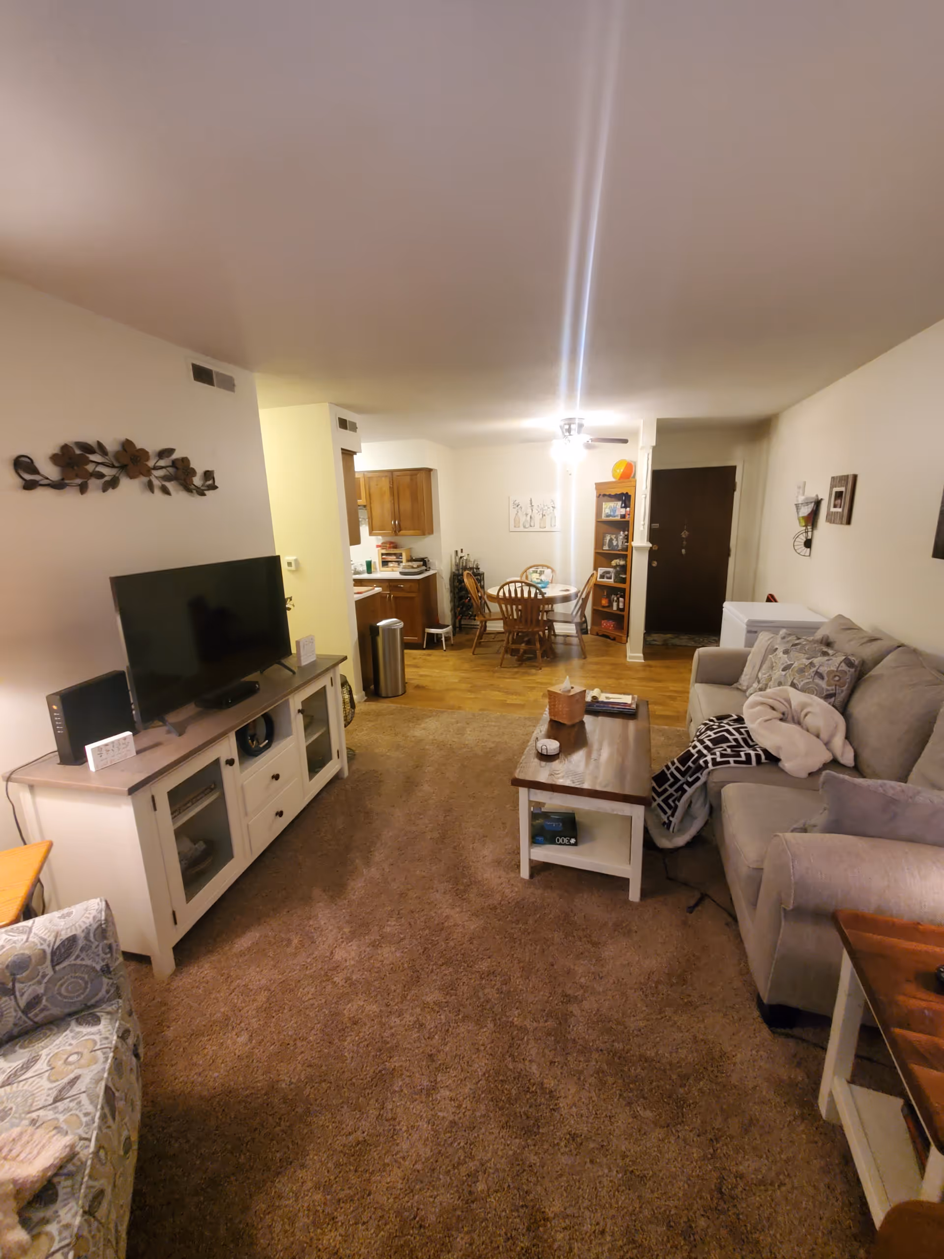 A cozy living room and dining area in an apartment. The living room features a beige carpet, a gray sofa with patterned pillows and a blanket, a wooden coffee table with items on it, and a white TV stand with a flat-screen TV. The dining area has a wooden dining table with chairs and a ceiling fan with lights. The kitchen is partially visible with wooden cabinets and a trash can. The walls are light-colored with some wall decorations.