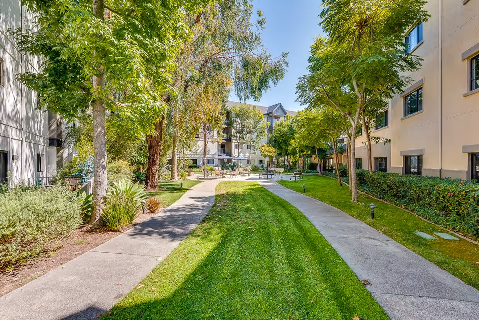 A landscaped outdoor courtyard area at Westminster Terrace Senior Living with two concrete walkways running parallel through a green lawn, surrounded by trees and shrubs. There are benches and seating areas along the paths, and multi-story residential buildings on either side under a clear blue sky.