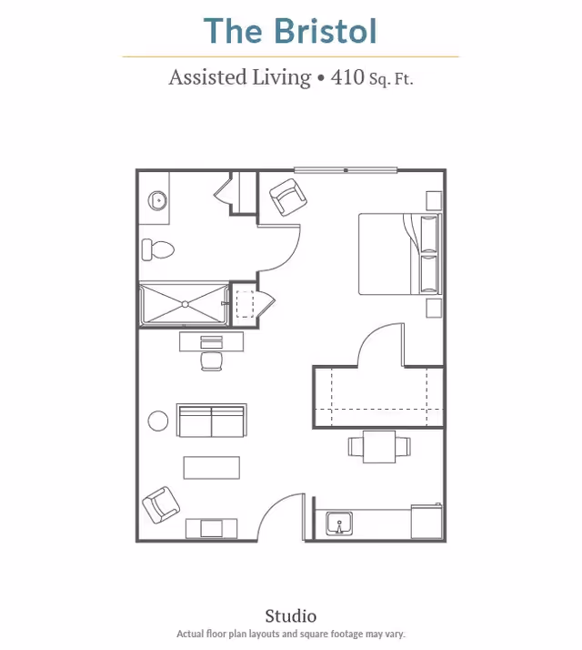 Floor plan layout of a studio apartment at Carriage Inn Huntsville, showing the arrangement of furniture and rooms.