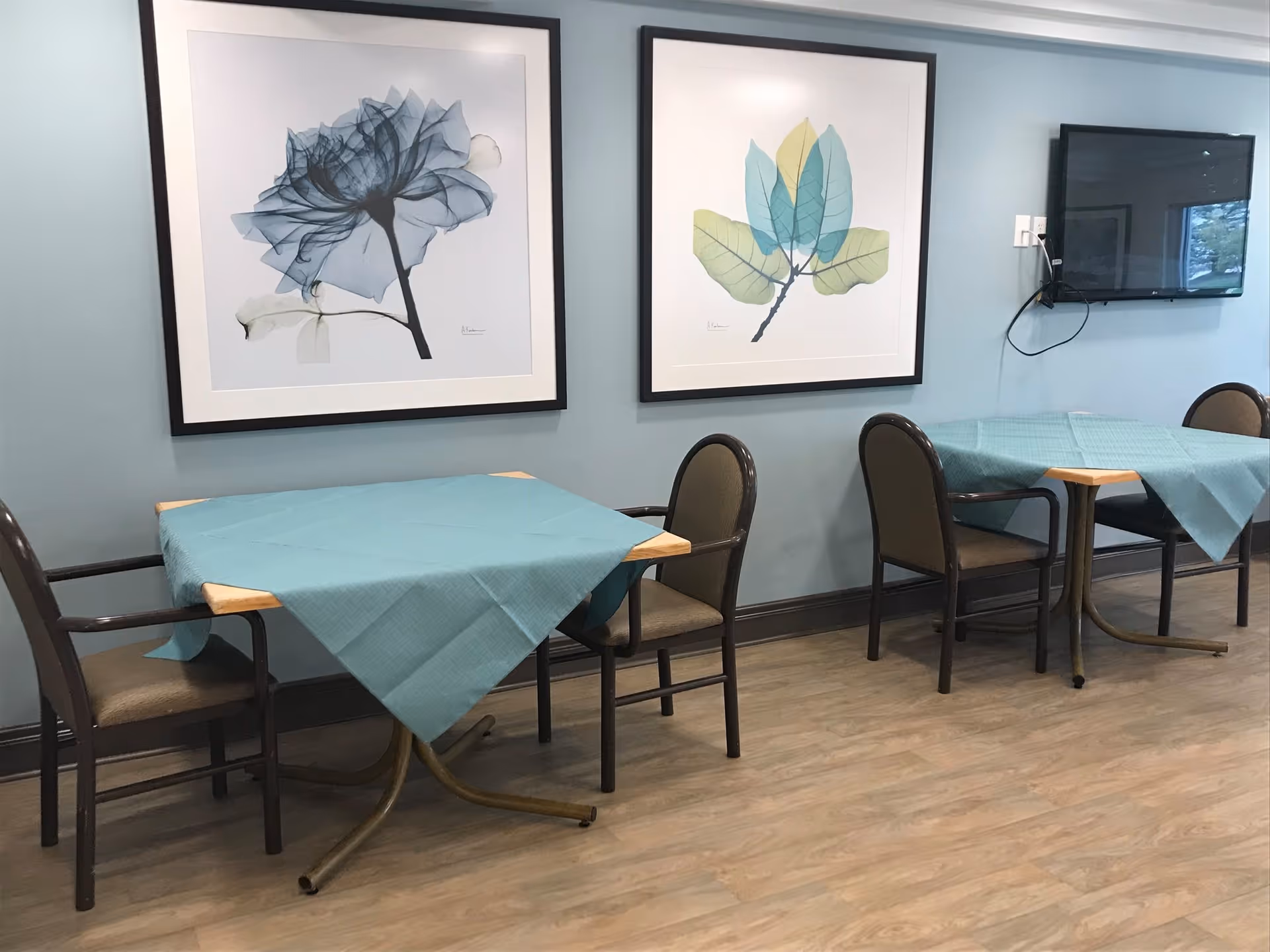 A small dining area with two tables covered with blue tablecloths, each surrounded by two brown chairs. The walls are painted light blue and decorated with two framed botanical prints. A flat-screen TV is mounted on the wall to the right.