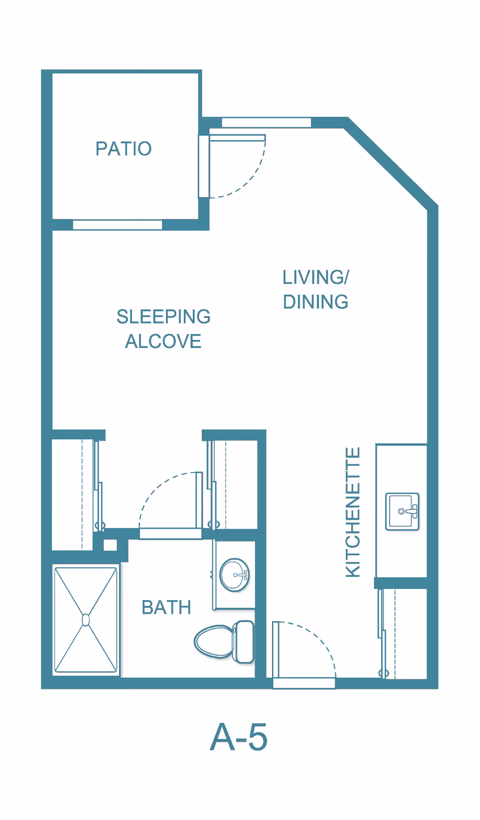 Floor plan labeled A-5 showing a layout with a patio, sleeping alcove, living/dining area, kitchenette, and a bathroom with a shower, toilet, and sink.