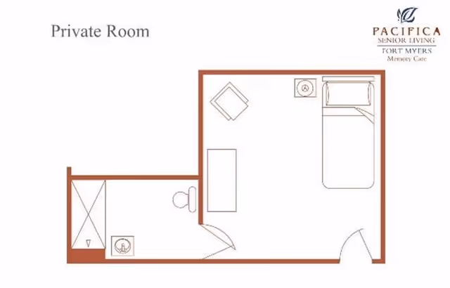 Floor plan of a private room in a senior living facility showing a bedroom area with a bed, nightstand, chair, and desk, and an attached bathroom with a shower, toilet, and sink.
