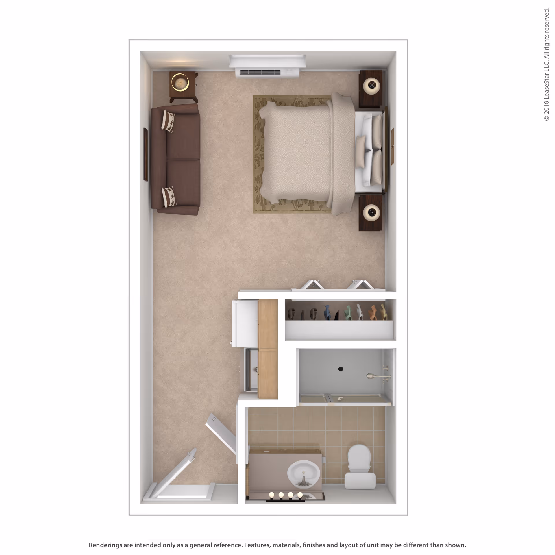 Top-down floor plan of a senior living unit featuring a bedroom with a bed, two nightstands with lamps, a sofa, and a closet area. The unit also includes a bathroom with a sink, toilet, and shower.