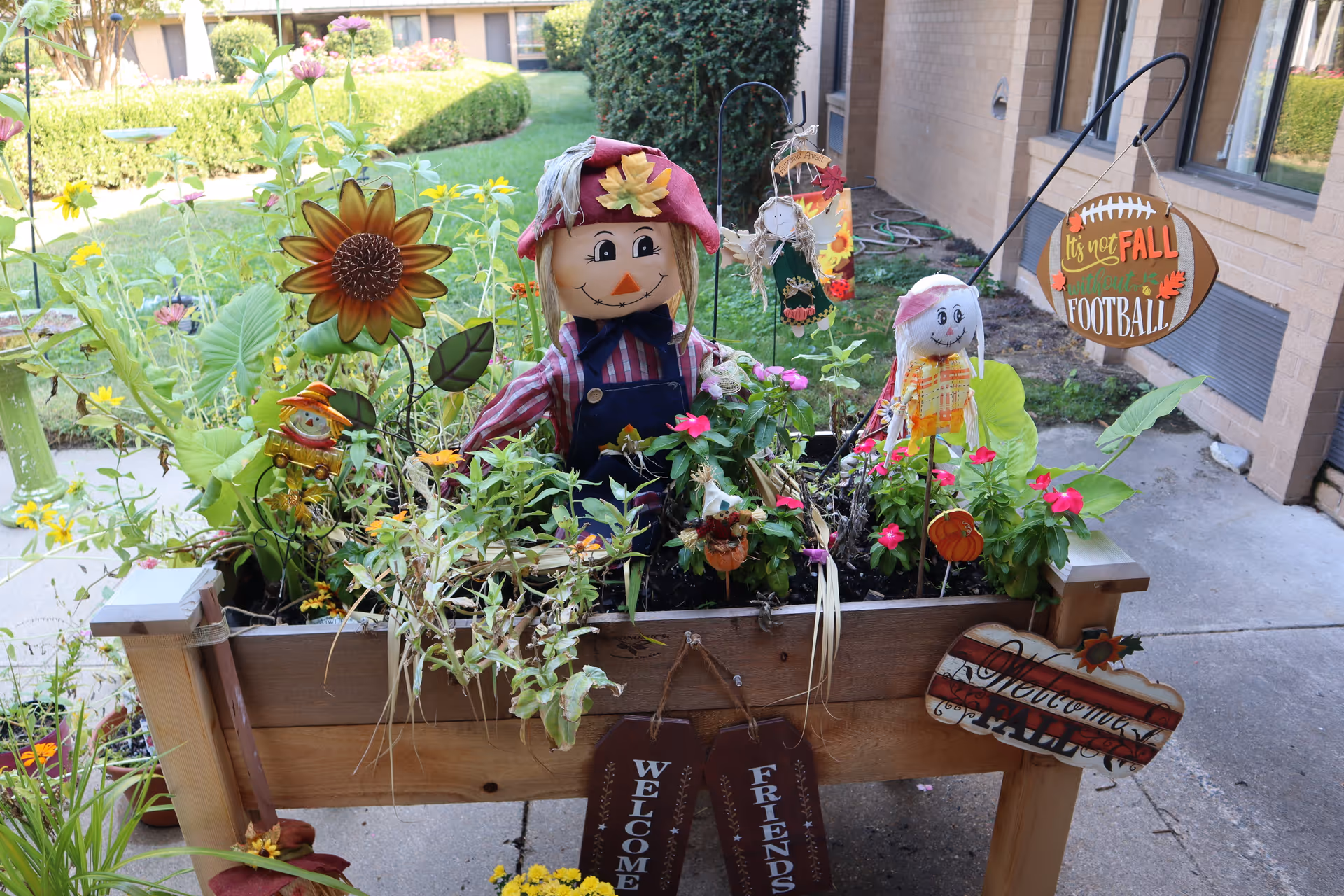 Wooden planter on a courtyard walkway filled with flowers and fall decorations, including two scarecrow dolls and seasonal signs.