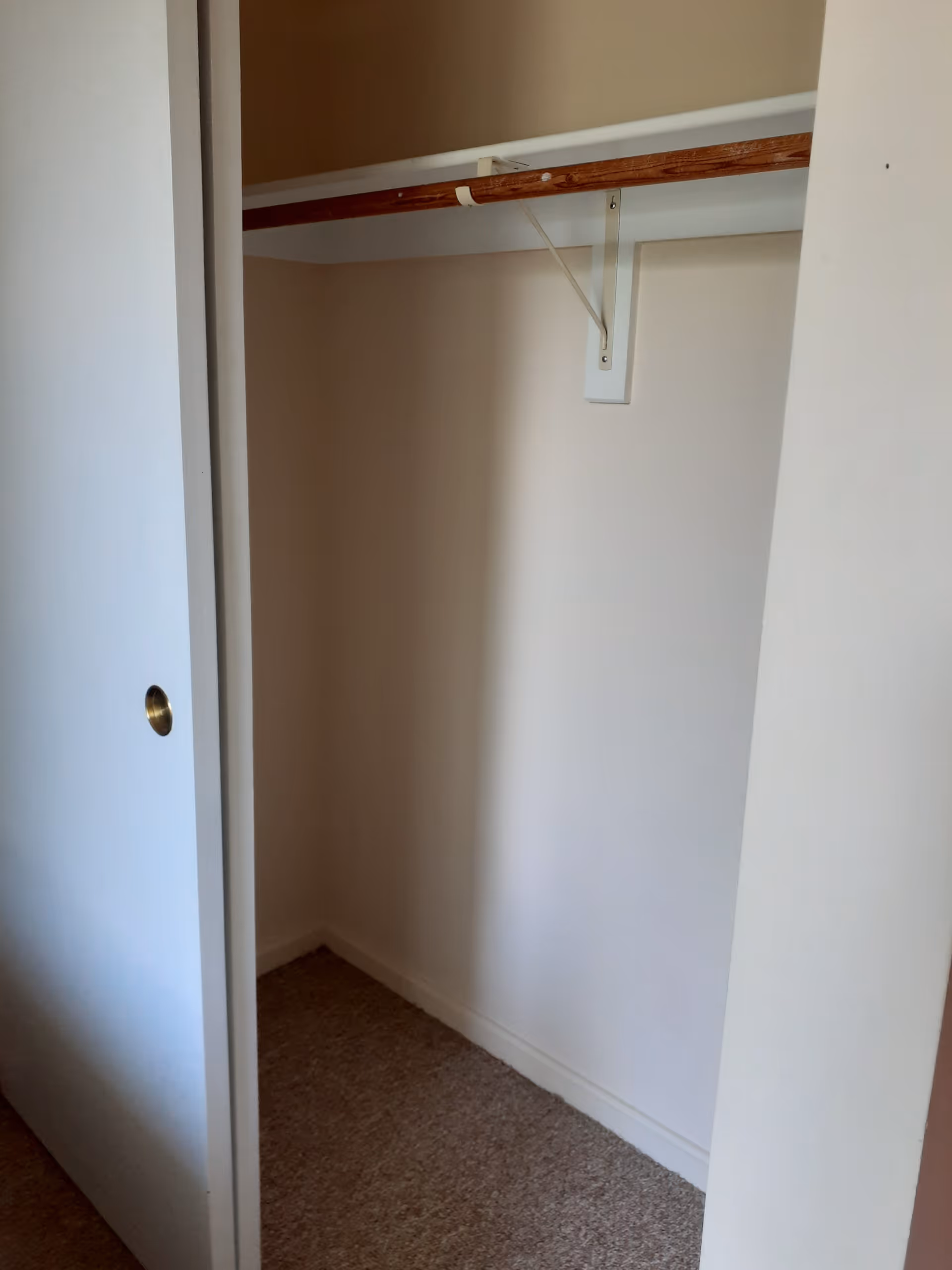 Empty closet with a wooden hanging rod and white walls, partially open white sliding door, and carpeted floor.