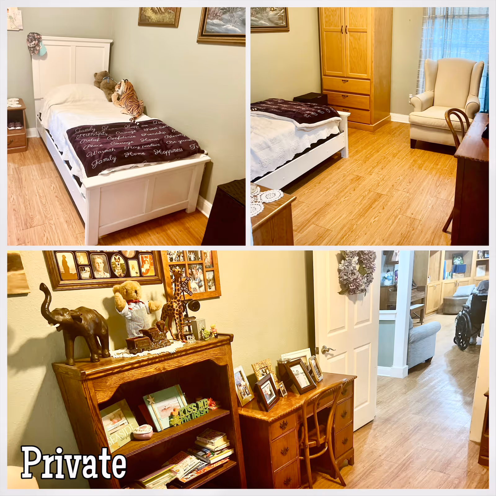 Collage of three images showing a private bedroom in Mercy House New Braunfels. The room features a white single bed with a blanket and stuffed animals, a wooden desk with a chair, a beige armchair near a window with sheer curtains, and wooden flooring. There is also a wooden bookshelf and a small wooden dresser with framed photos and decorative items. The hallway outside the room shows more seating and a wheelchair.