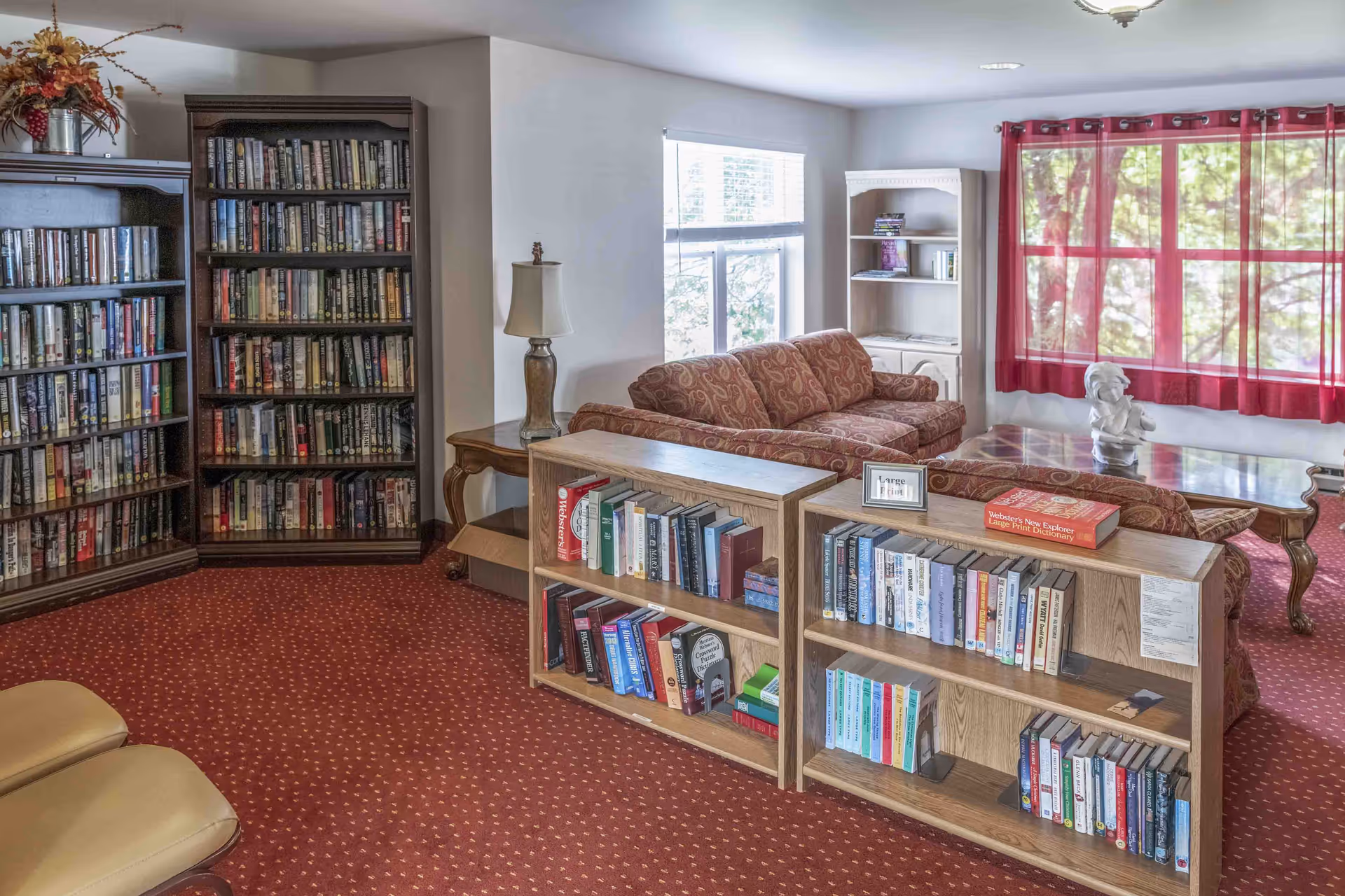 Cozy communal lounge/library with bookshelves, upholstered sofas, a coffee table and large windows with red curtains.