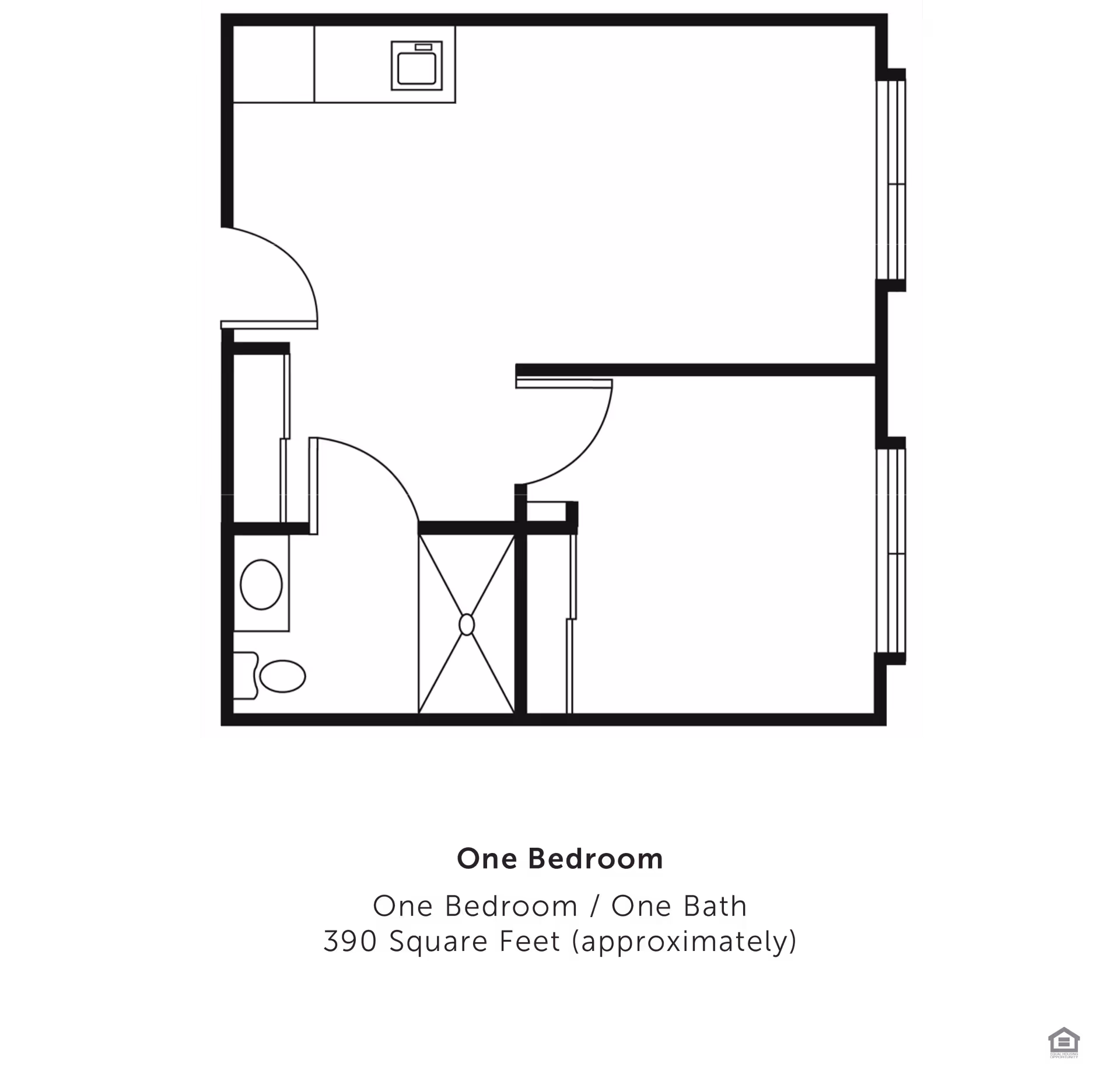 Black-and-white floor plan of a one-bedroom, one-bath apartment layout.