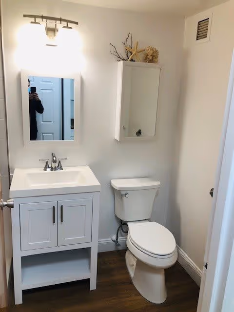 Small white bathroom with a vanity and sink beneath a mirror and wall cabinet beside a toilet on wood-look flooring.