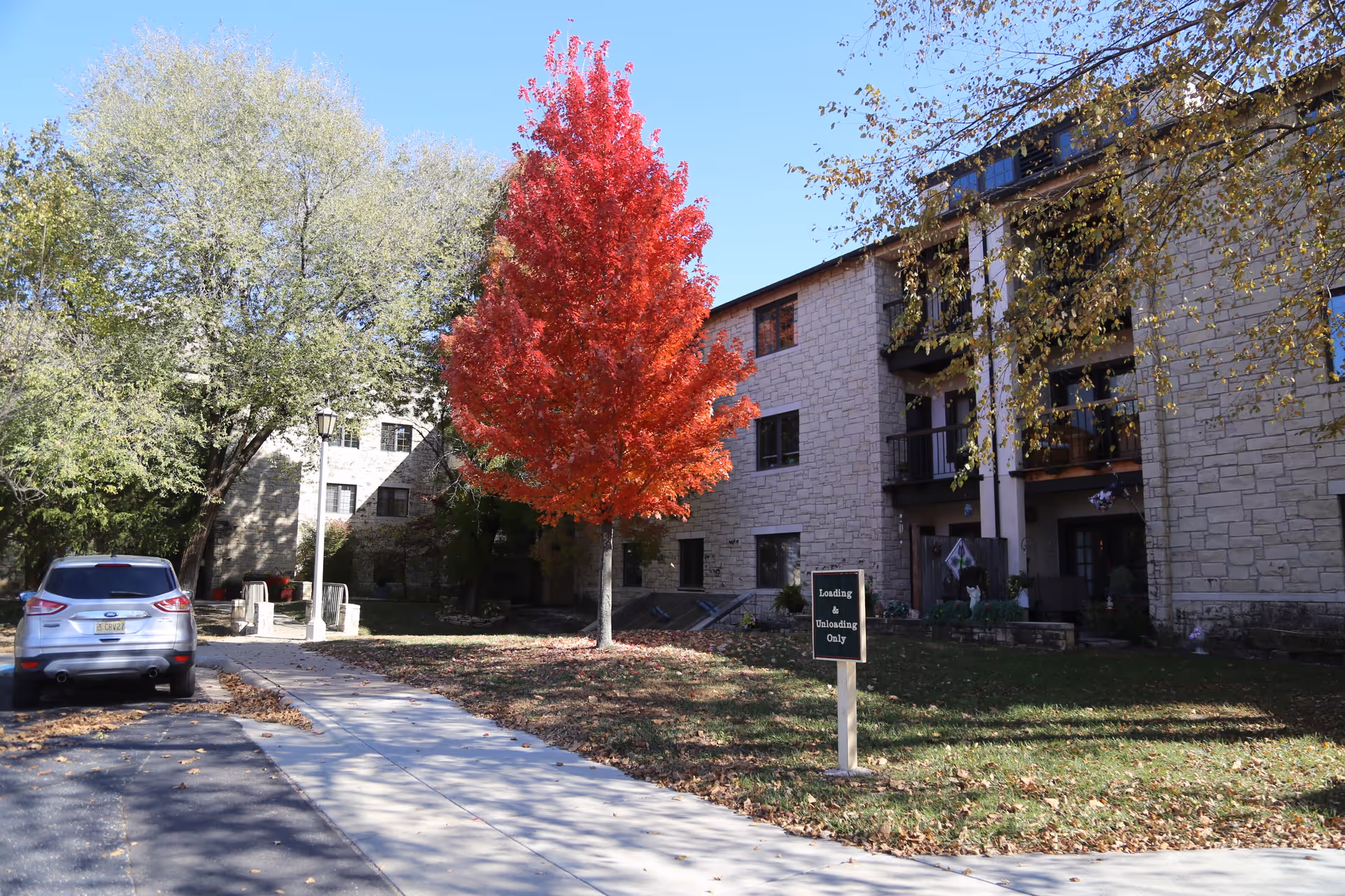 Exterior view of a senior living facility with stone walls and multiple windows. A bright red tree stands prominently in the grassy area near the sidewalk. A silver car is parked on the left side of the image. A sign near the tree reads 'Loading & Unloading Only'. The sky is clear and blue, and other trees with green and yellow leaves surround the building.