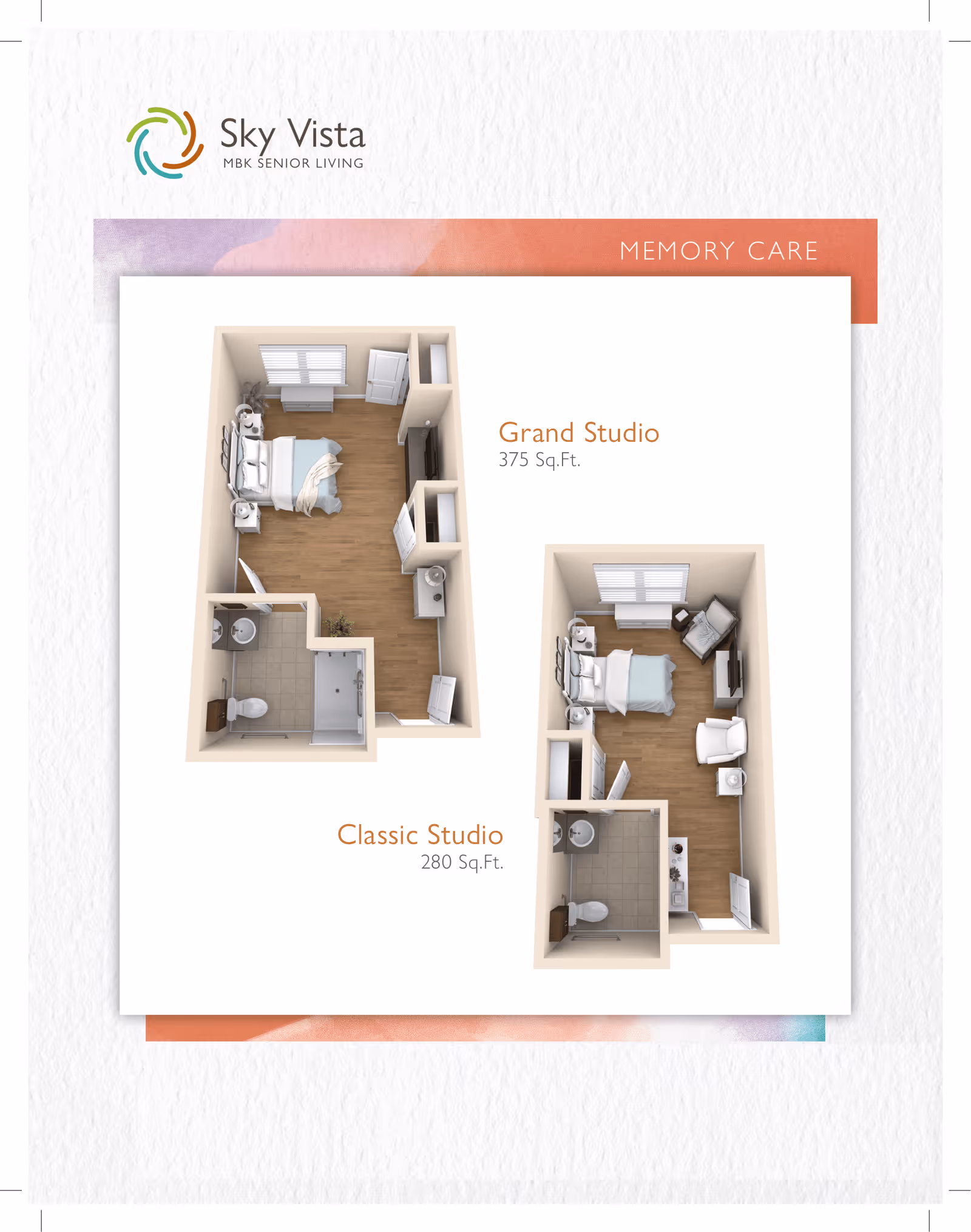 Floor plans for two types of memory care studio apartments at Sky Vista. The Grand Studio is 375 square feet and includes a bedroom area with a bed, nightstand, and dresser, a bathroom with a shower and toilet, and a small kitchenette area. The Classic Studio is 280 square feet and features a bedroom area with a bed, nightstand, and chair, a bathroom with a shower and toilet, and a kitchenette. Both layouts show windows and furniture placement.