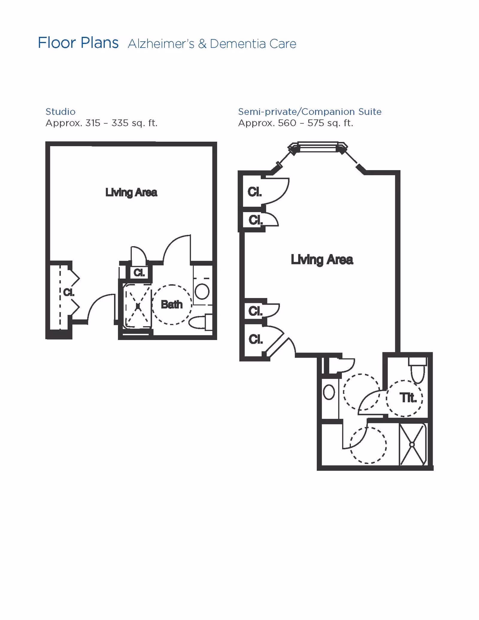 Floor plans for Alzheimer's and Dementia Care at Brookdale Pearland showing two layouts: a Studio with approximately 315-335 sq. ft. including a living area, bathroom, and closets; and a Semi-private/Companion Suite with approximately 560-575 sq. ft. including a living area, multiple closets, and a bathroom with a toilet and shower.