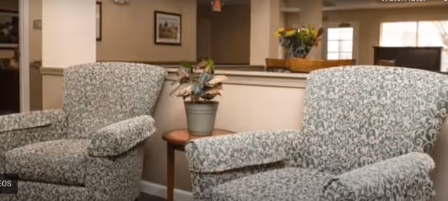 Two patterned armchairs with a small round wooden table between them holding a potted plant, set in a softly lit interior space with beige walls and a framed picture on the wall.