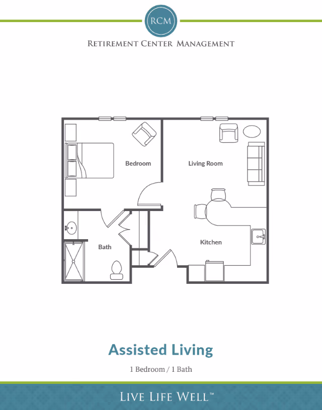 Floor plan of an assisted living unit with one bedroom, one bathroom, a living room, and a kitchen. The bedroom contains a bed and a chair. The bathroom has a shower, toilet, and sink. The living room includes a sofa, two chairs, and a small table. The kitchen has a counter with two chairs and a sink.