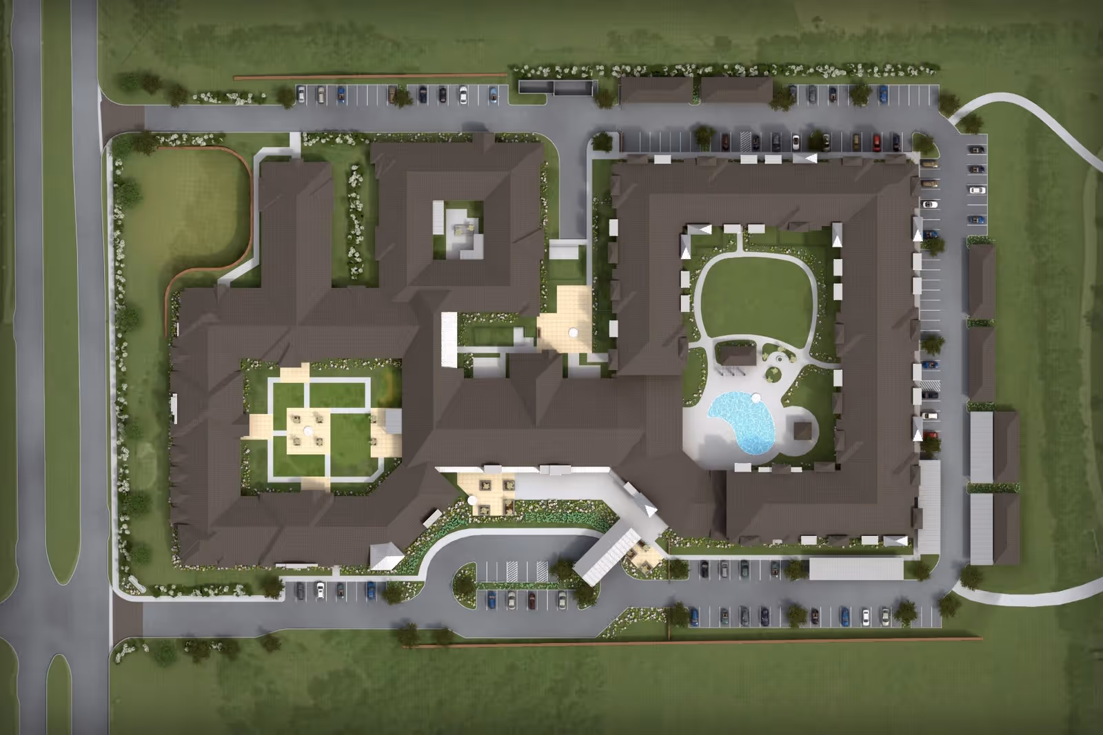 Aerial view of the Ariel Pointe of Sachse Senior Living facility showing the building layout with two large connected structures, surrounding parking lots, landscaped green areas, walking paths, and a swimming pool in a courtyard.