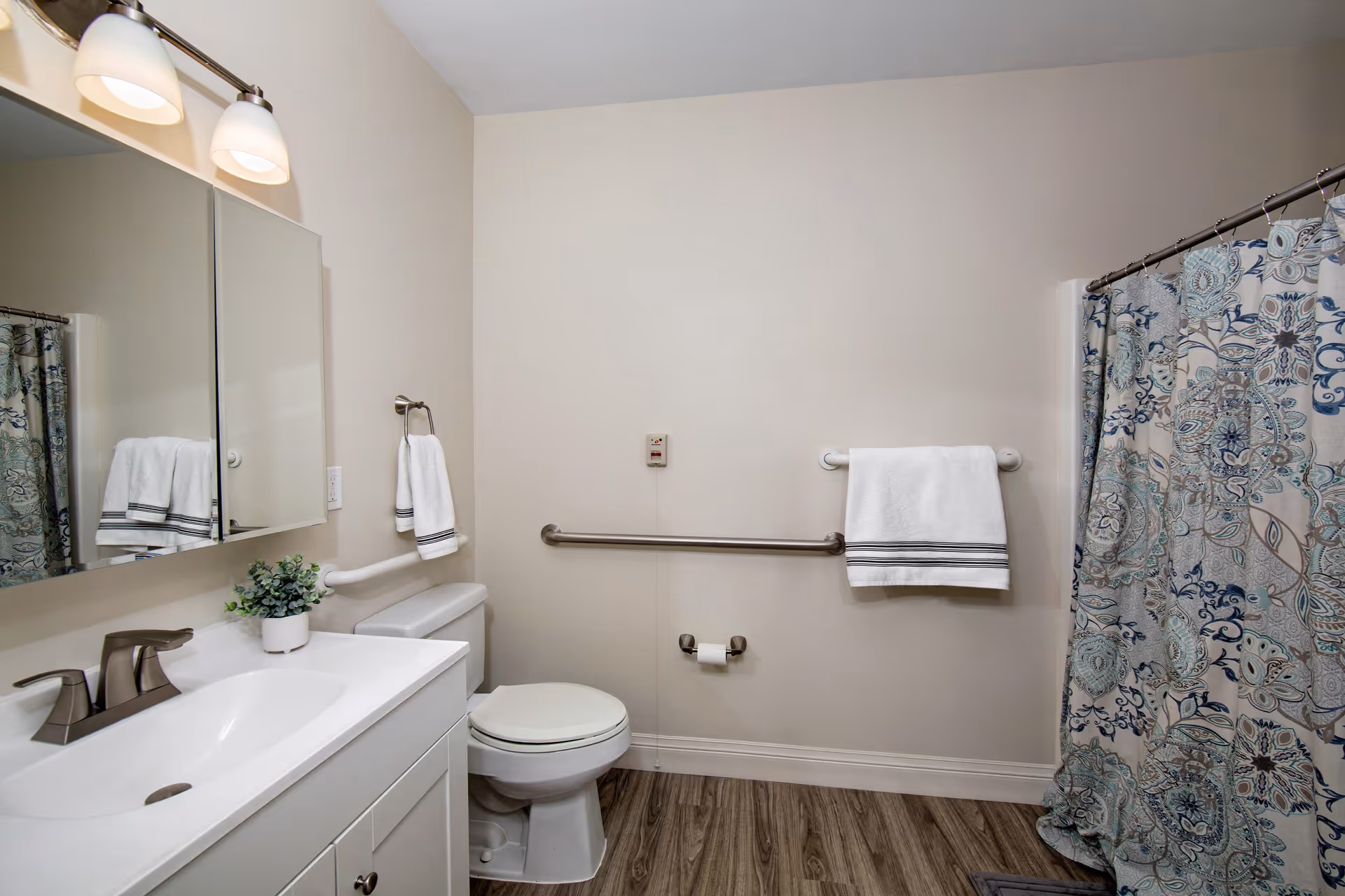 Clean accessible bathroom with a vanity and mirror, toilet with grab bars, and a patterned shower curtain.