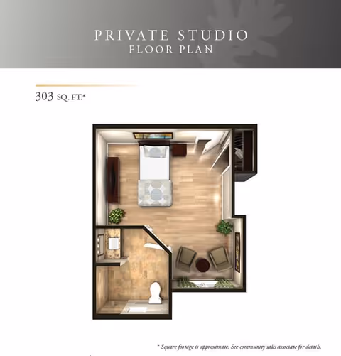 Top-down view of a private studio floor plan measuring 303 square feet, featuring a sleeping area with a bed, nightstand, and dresser, a small seating area with two chairs and a round table, a closet, and a bathroom with a toilet and sink.